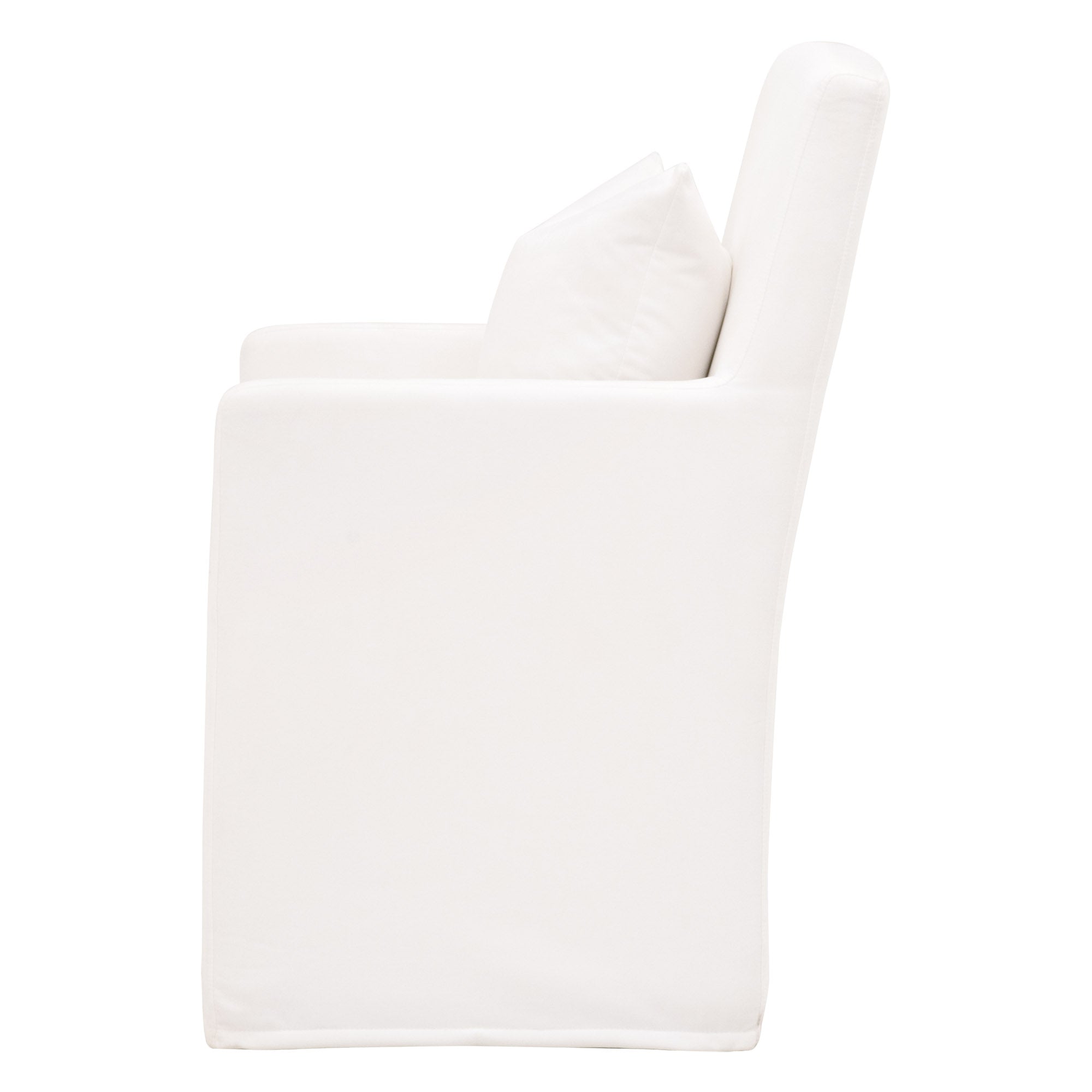 Side view of white Shelter Slipcover Arm Chair with padded seat and lumbar pillow from Essentials for Living