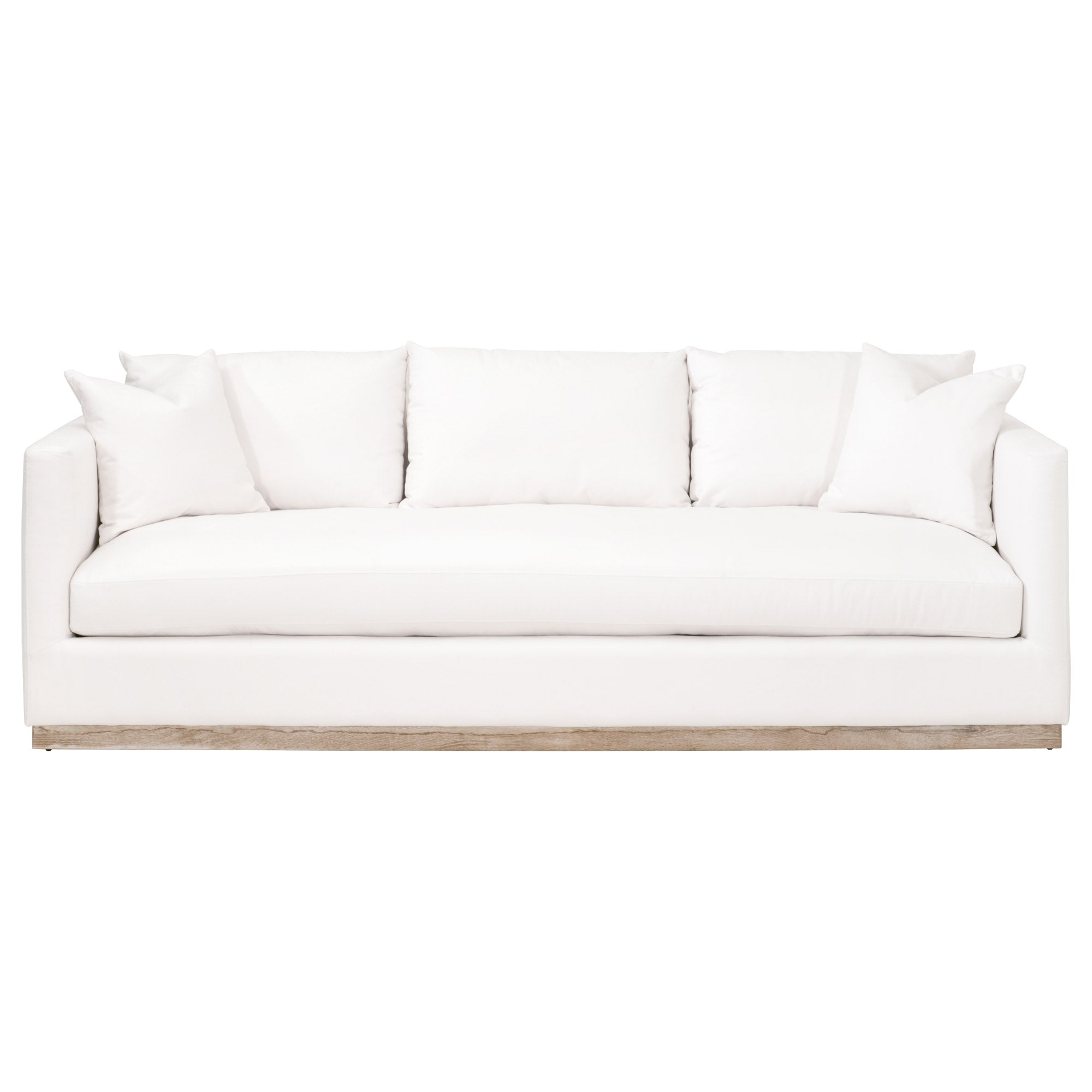 Essentials for Living Siena 96 inch sofa in ivory fabric with down blend cushions and exposed wood plinth base design