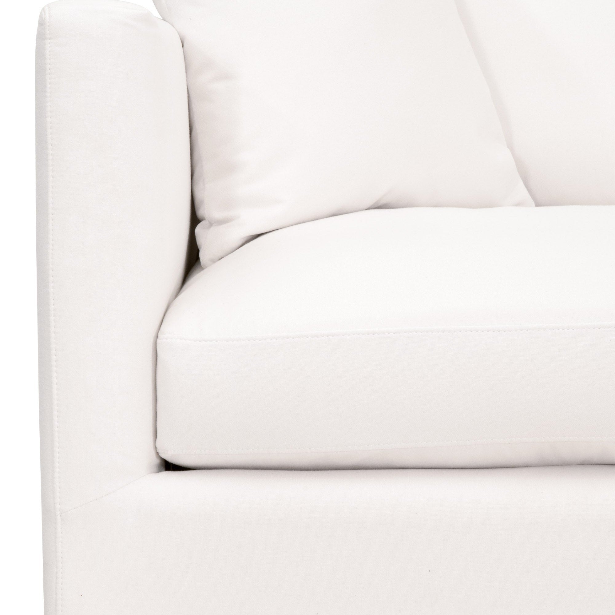 Close-up of ivory sofa arm and cushion on Siena 96" Plinth Base Sofa by Essentials For Living with LiveSmart fabric upholstery