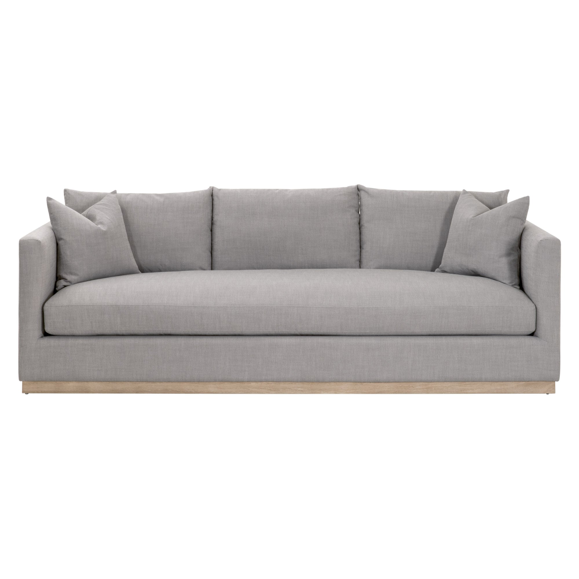 Essentials for Living Siena sofa in light gray fabric with clean lines and wood plinth base for modern living rooms