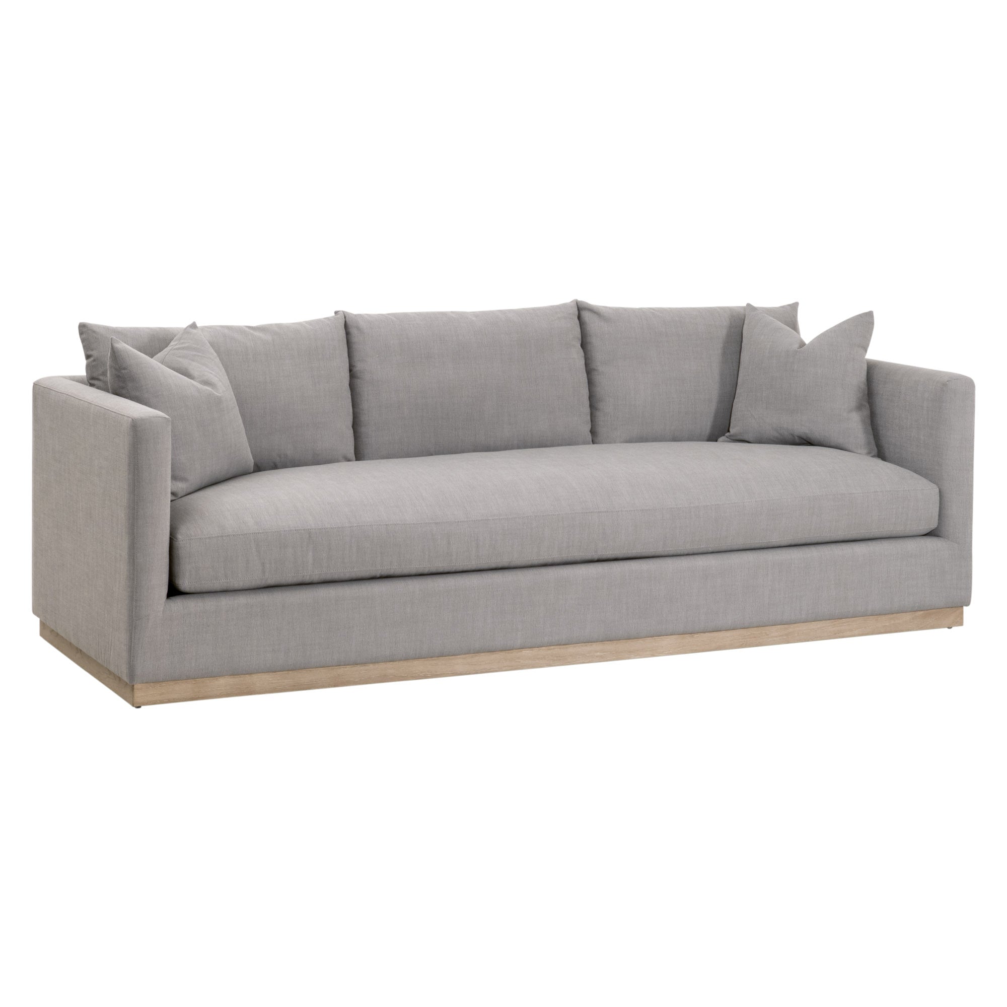 Essentials For Living Siena 96 inch plinth base sofa in light gray fabric with plush cushions and wood base
