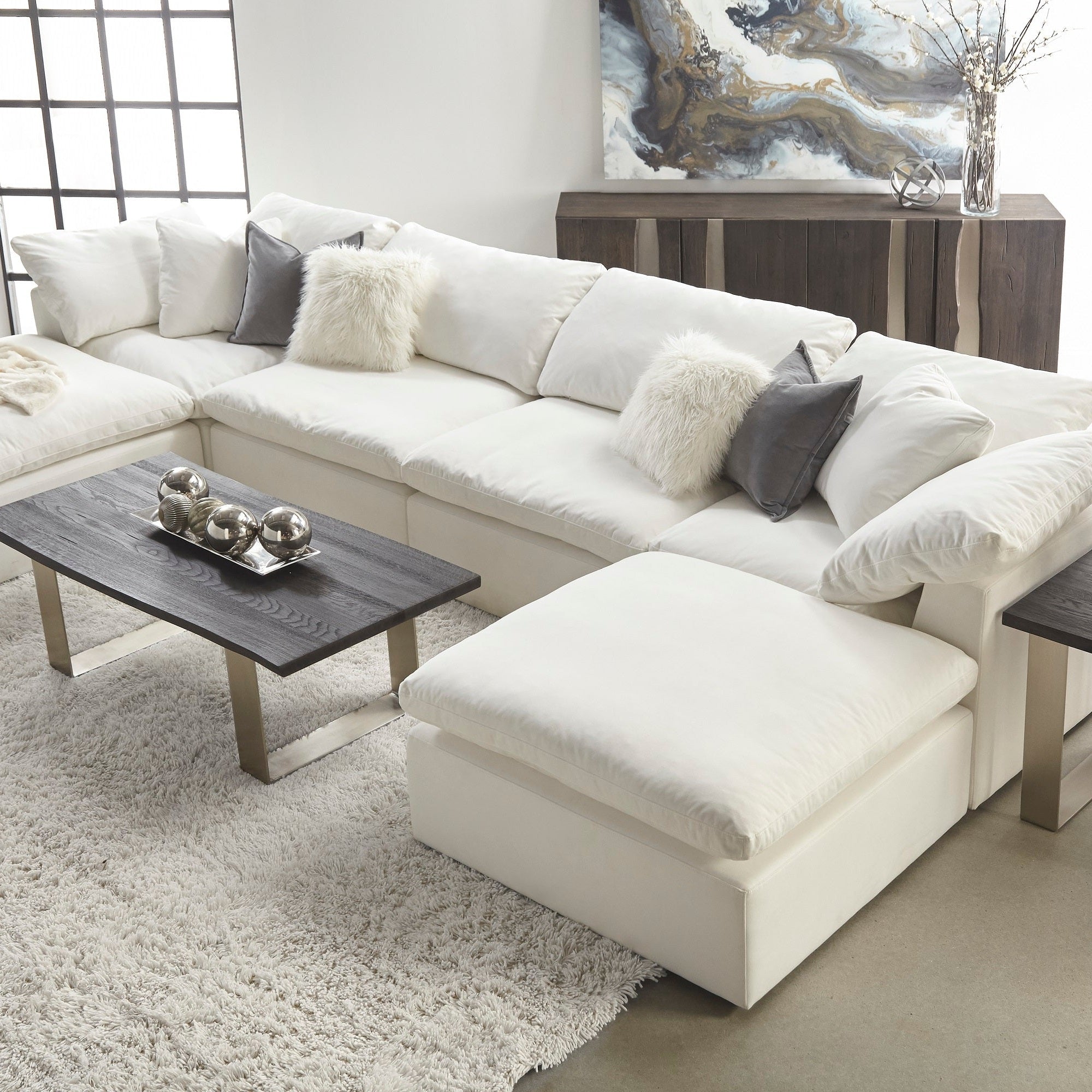 Essentials For Living Sky Modular Armless Chair in white LiveSmart fabric with plush cushions and espresso wood feet
