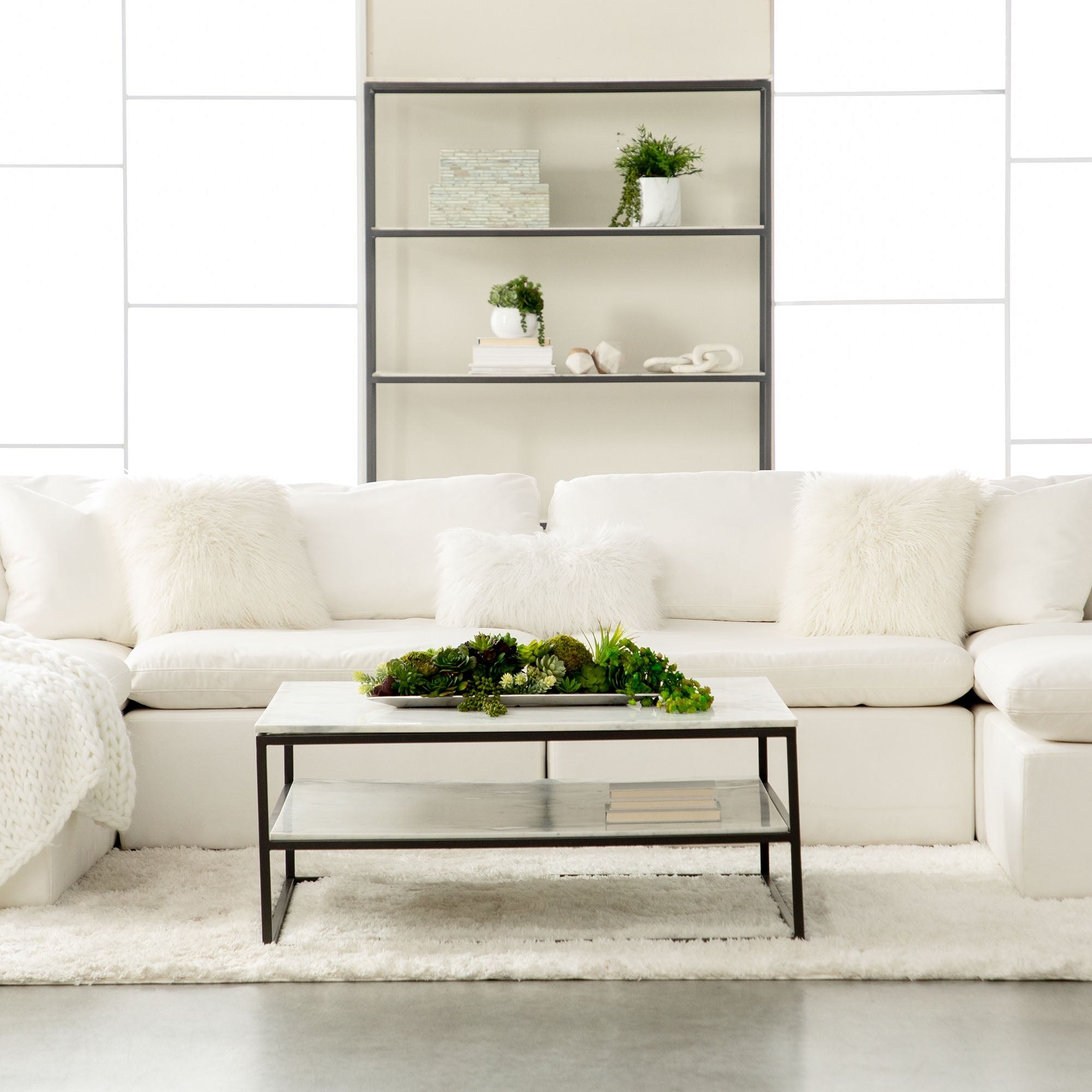 Essentials for Living Sky Modular Armless Chair in white Peyton-Pearl fabric with plush cushions and birch wood feet