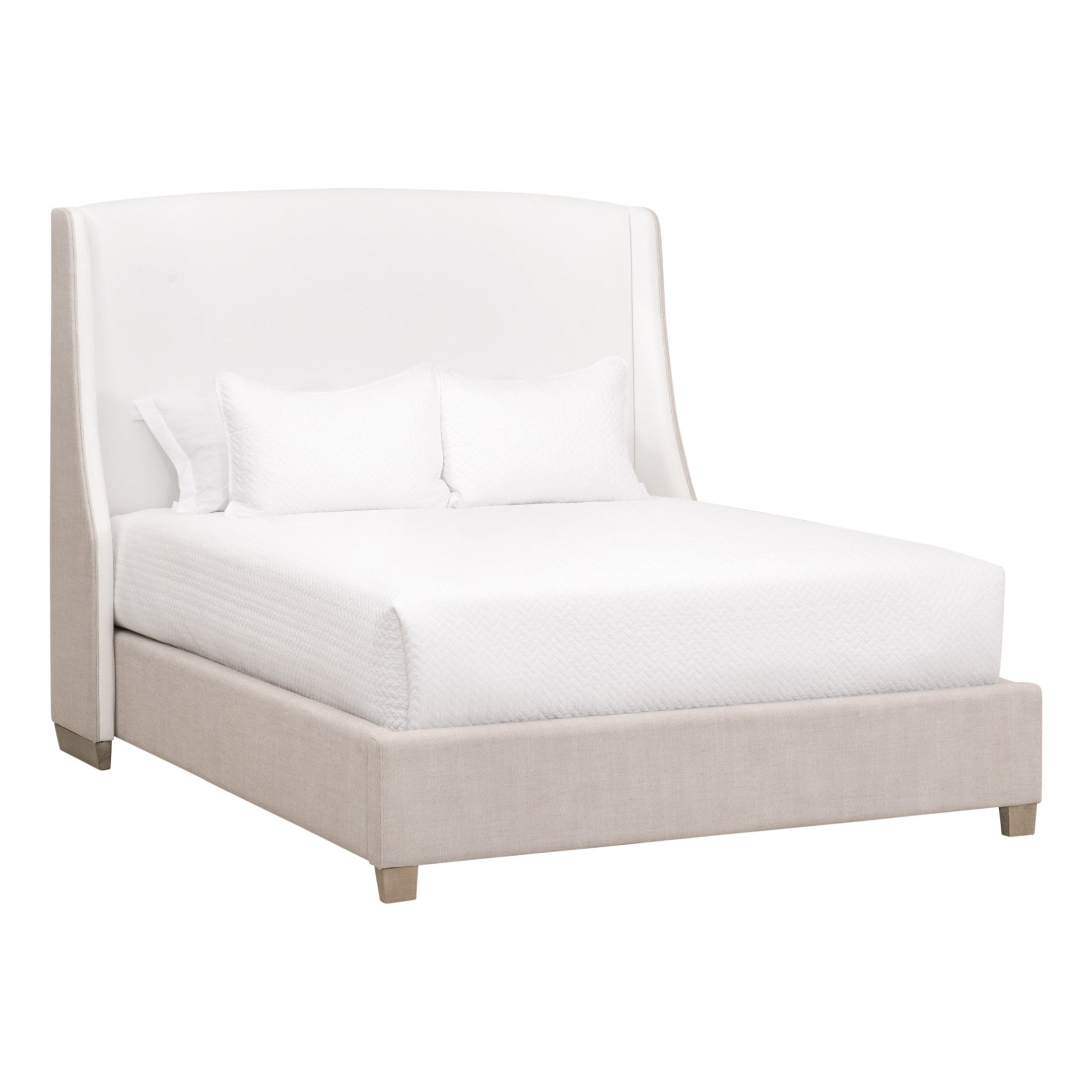 Sloan Queen Bed by Essentials for Living with upholstered bisque linen frame and arched headboard in natural oak legs