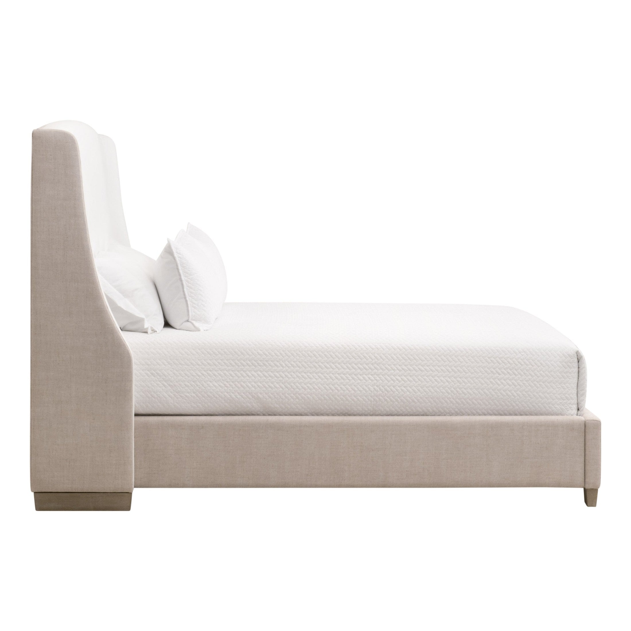 Side view of Sloan Queen Bed with upholstered bisque linen blend frame and arched headboard by Essentials For Living