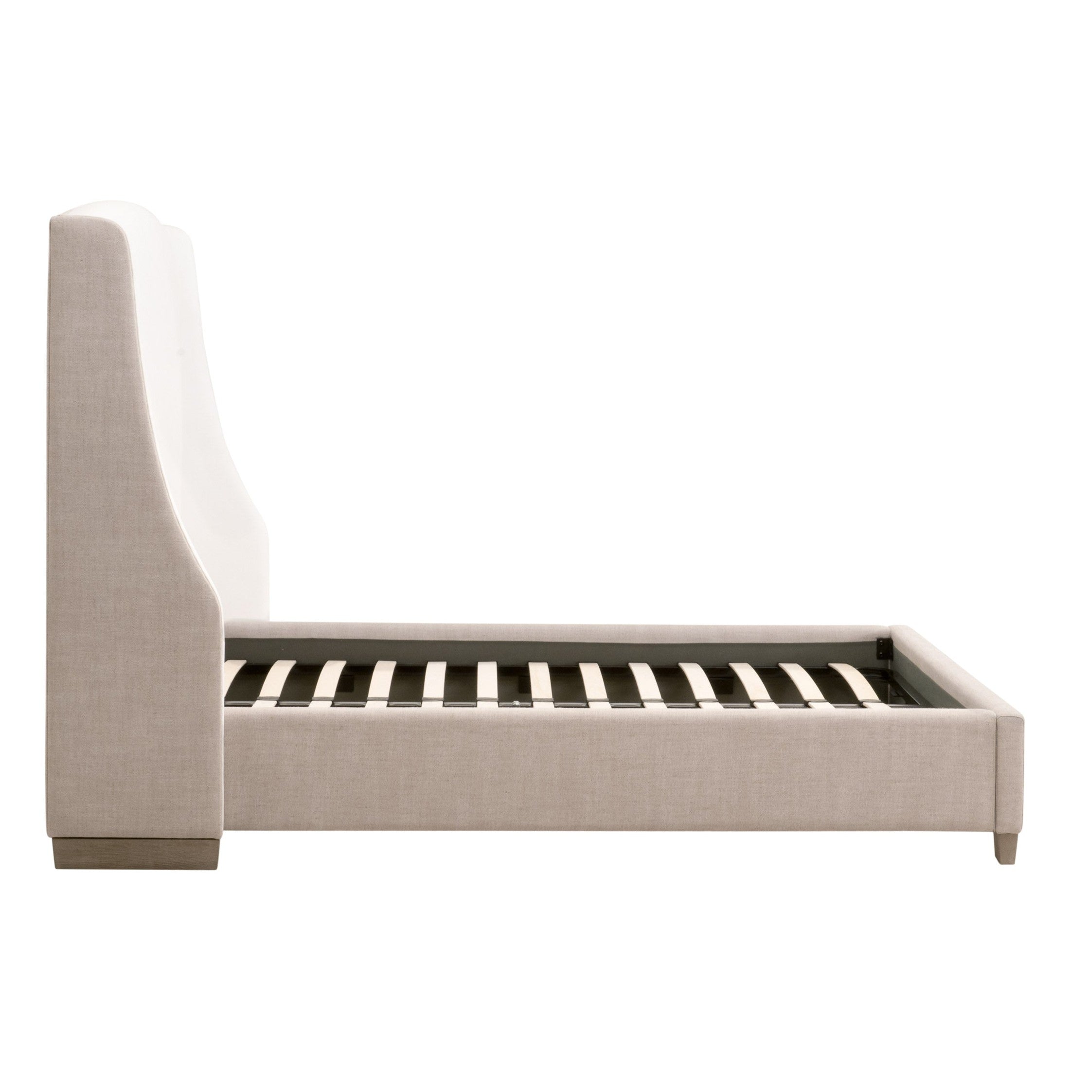 Side view of Sloan Queen Bed by Essentials For Living with upholstered linen blend frame and arched headboard
