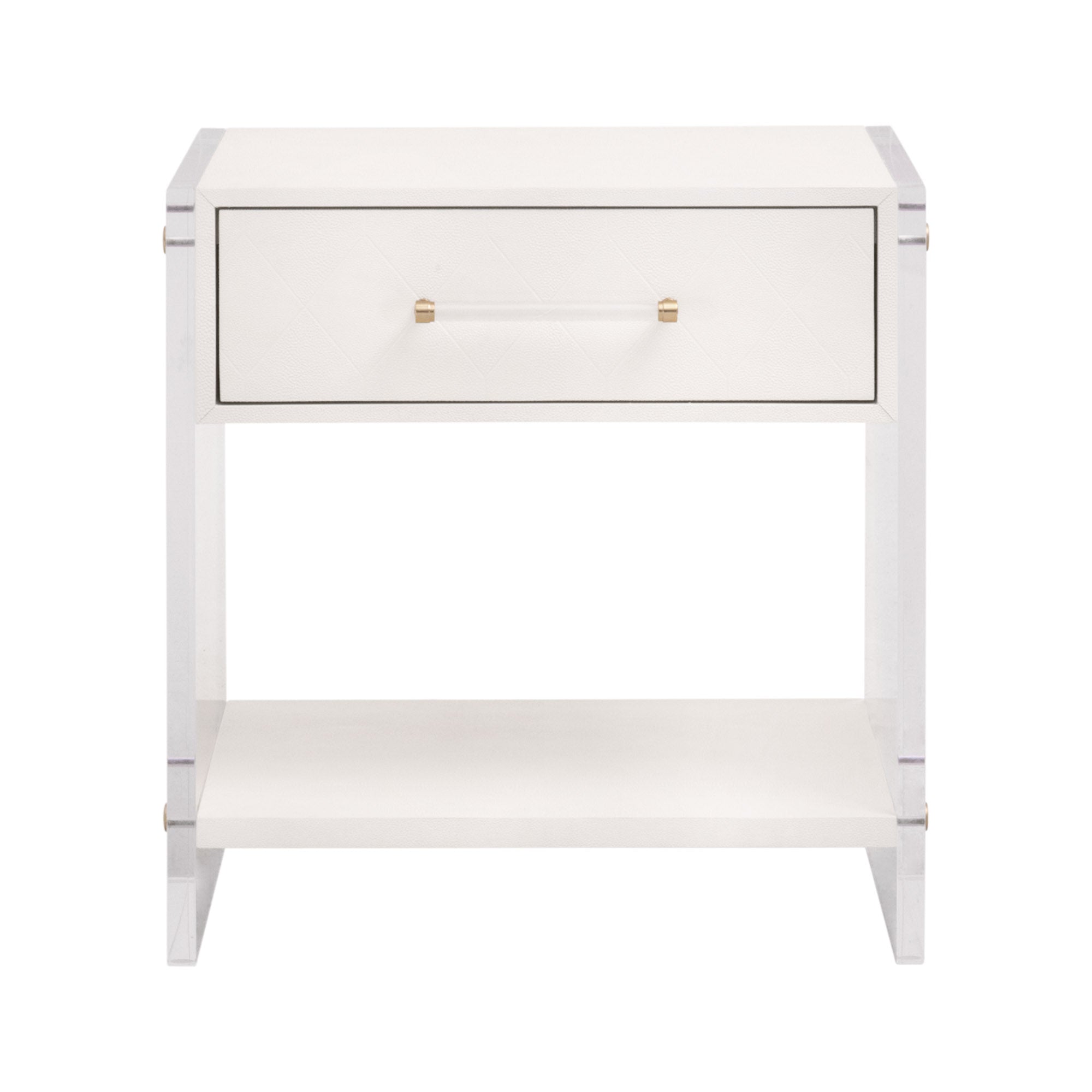 Pearl white Sonia Shagreen nightstand with one drawer, clear acrylic sides, brushed brass accents, and open bottom shelf