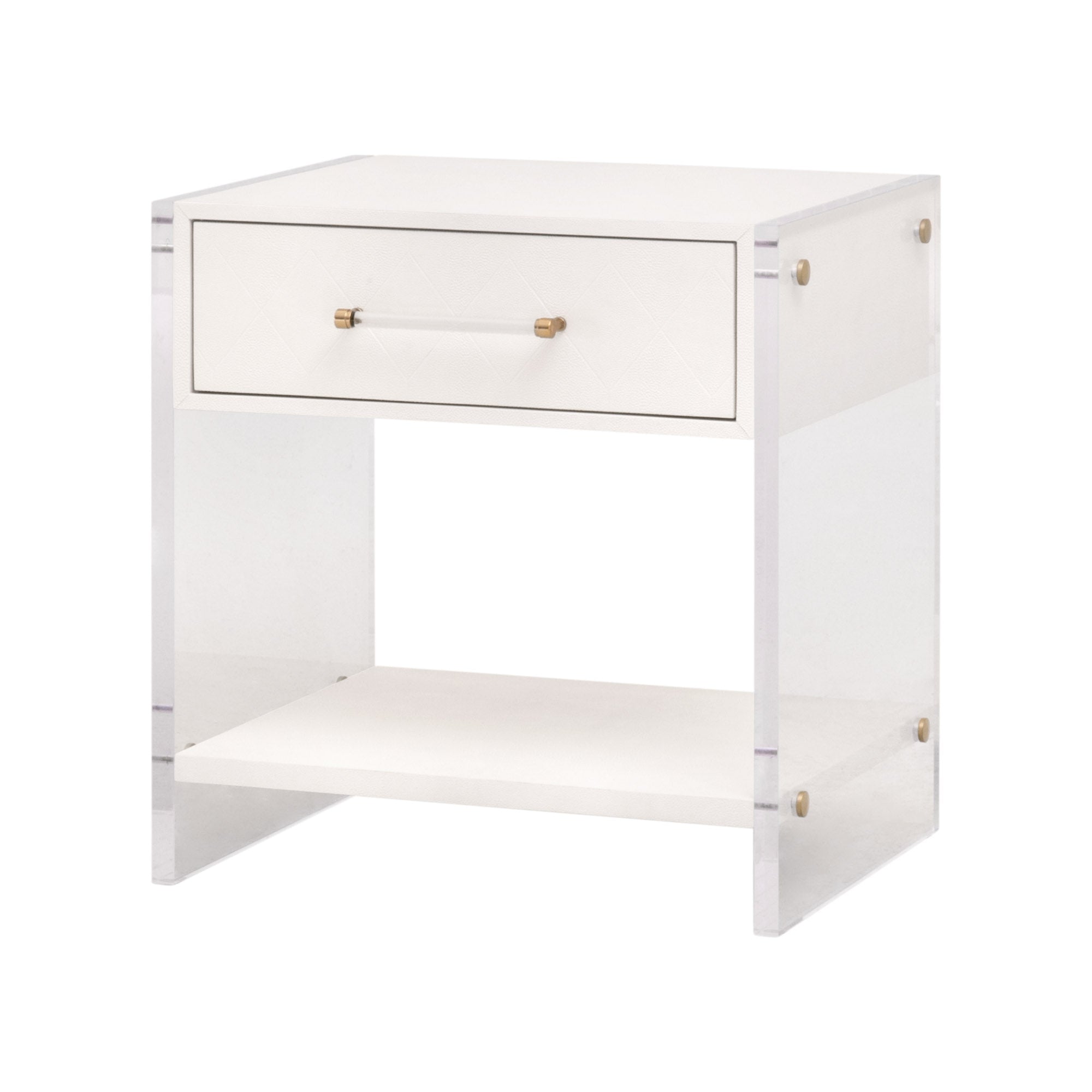 Pearl-white Sonia Shagreen 1-drawer nightstand with clear acrylic sides and brushed brass accents by Essentials for Living