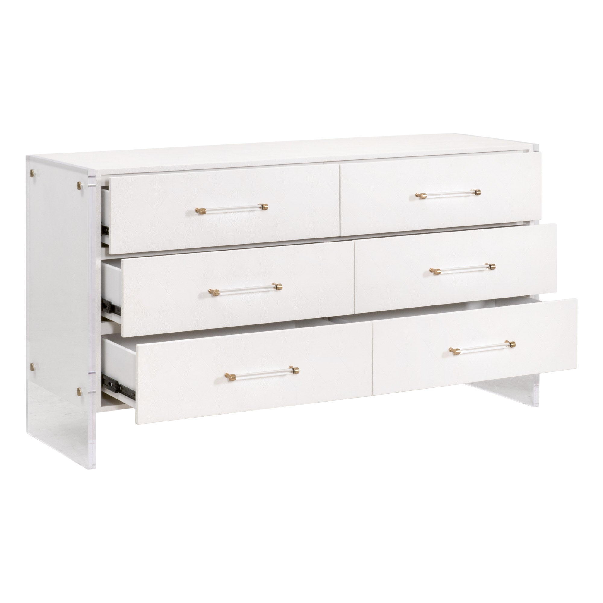 Sonia Shagreen 6-drawer double dresser with pearl-white finish, acrylic legs, and brushed brass accents by Essentials for Living