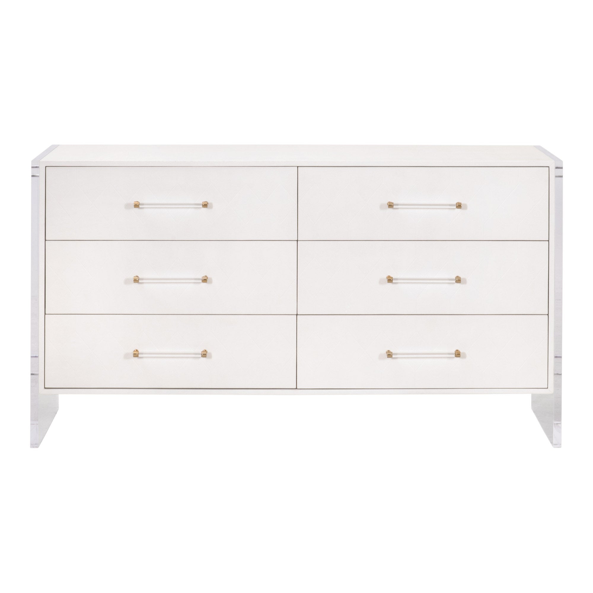 Pearl white Sonia Shagreen 6-drawer dresser with clear acrylic legs and brushed brass handles by Essentials For Living