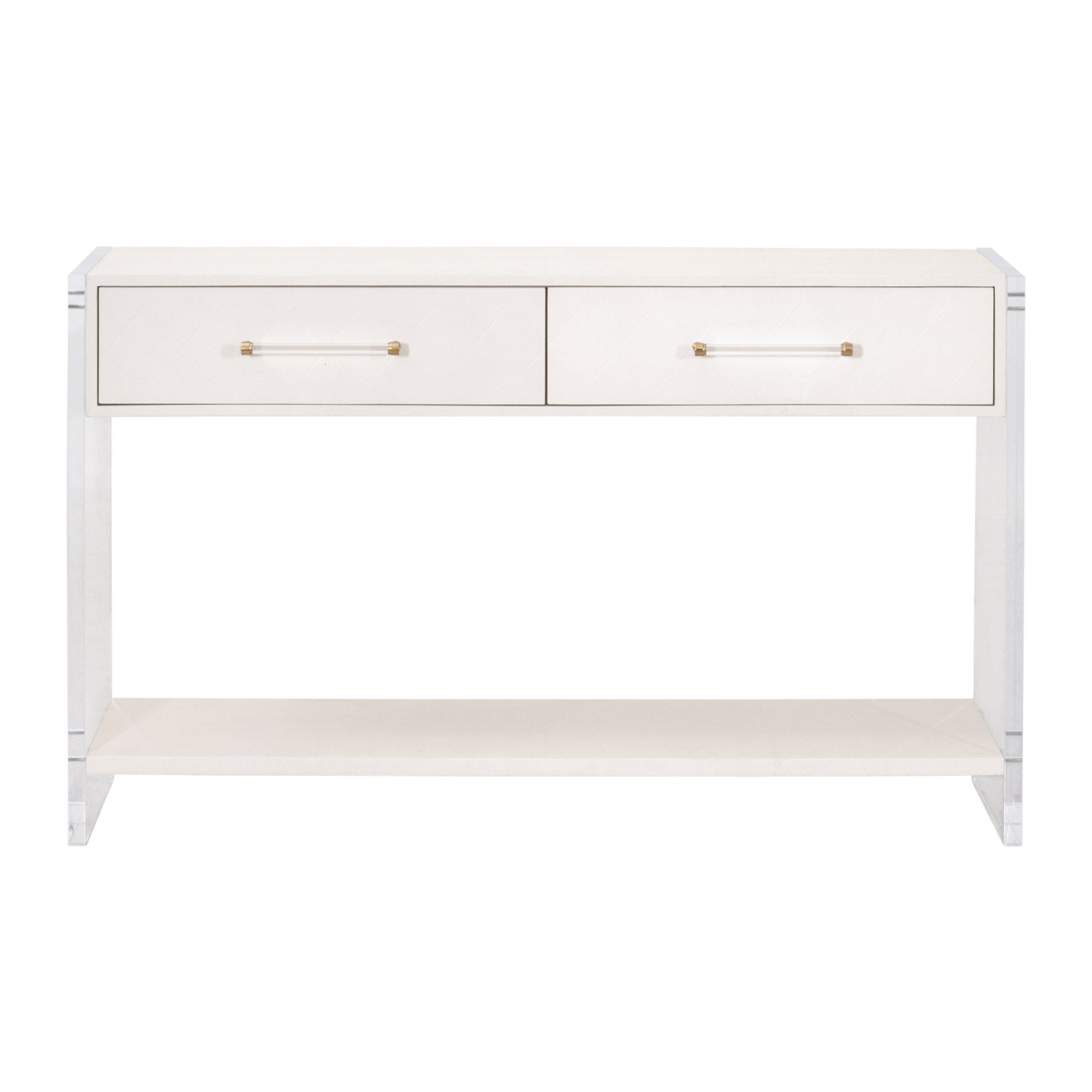 Pearl white Sonia Shagreen console table with acrylic legs, two drawers, brass handles, and a lower open shelf by Essentials For Living