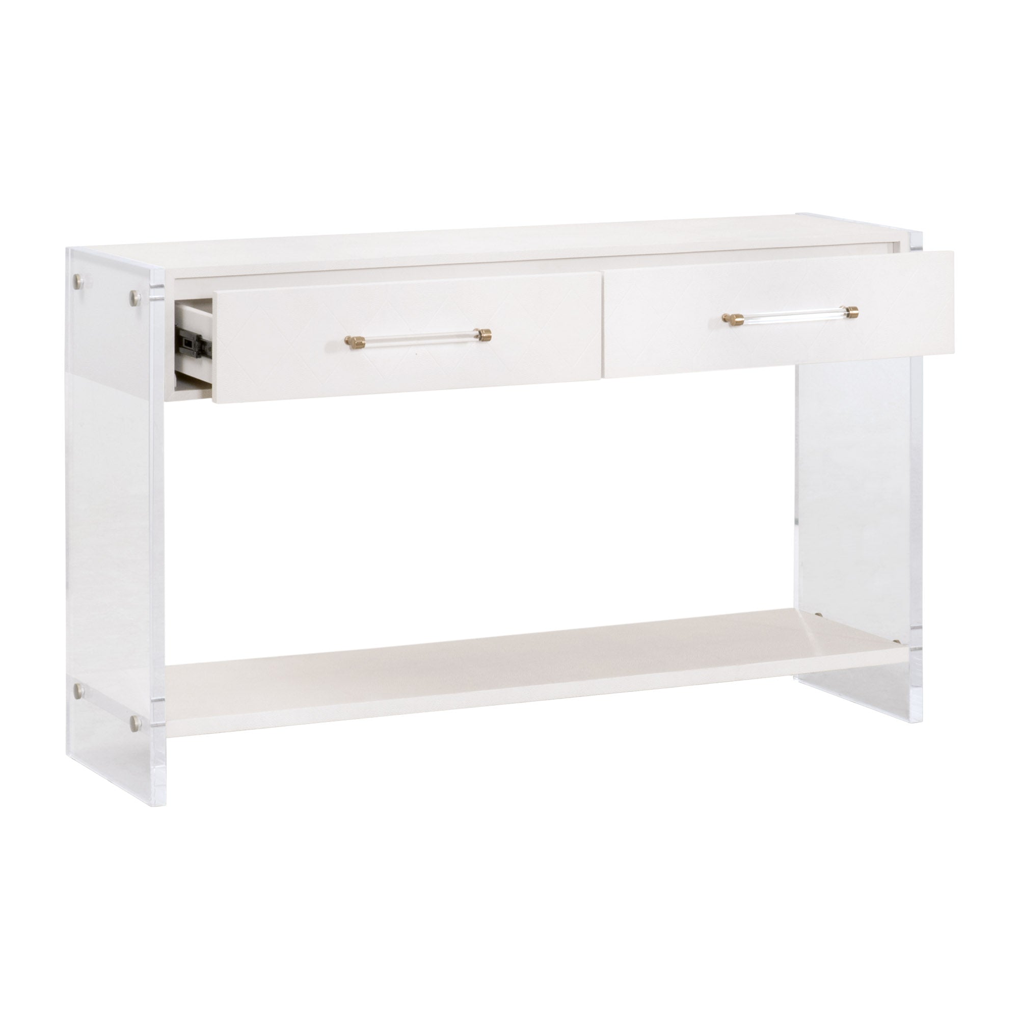 Pearl white Sonia Shagreen console table with two drawers, clear acrylic legs, and a lower open shelf by Essentials For Living