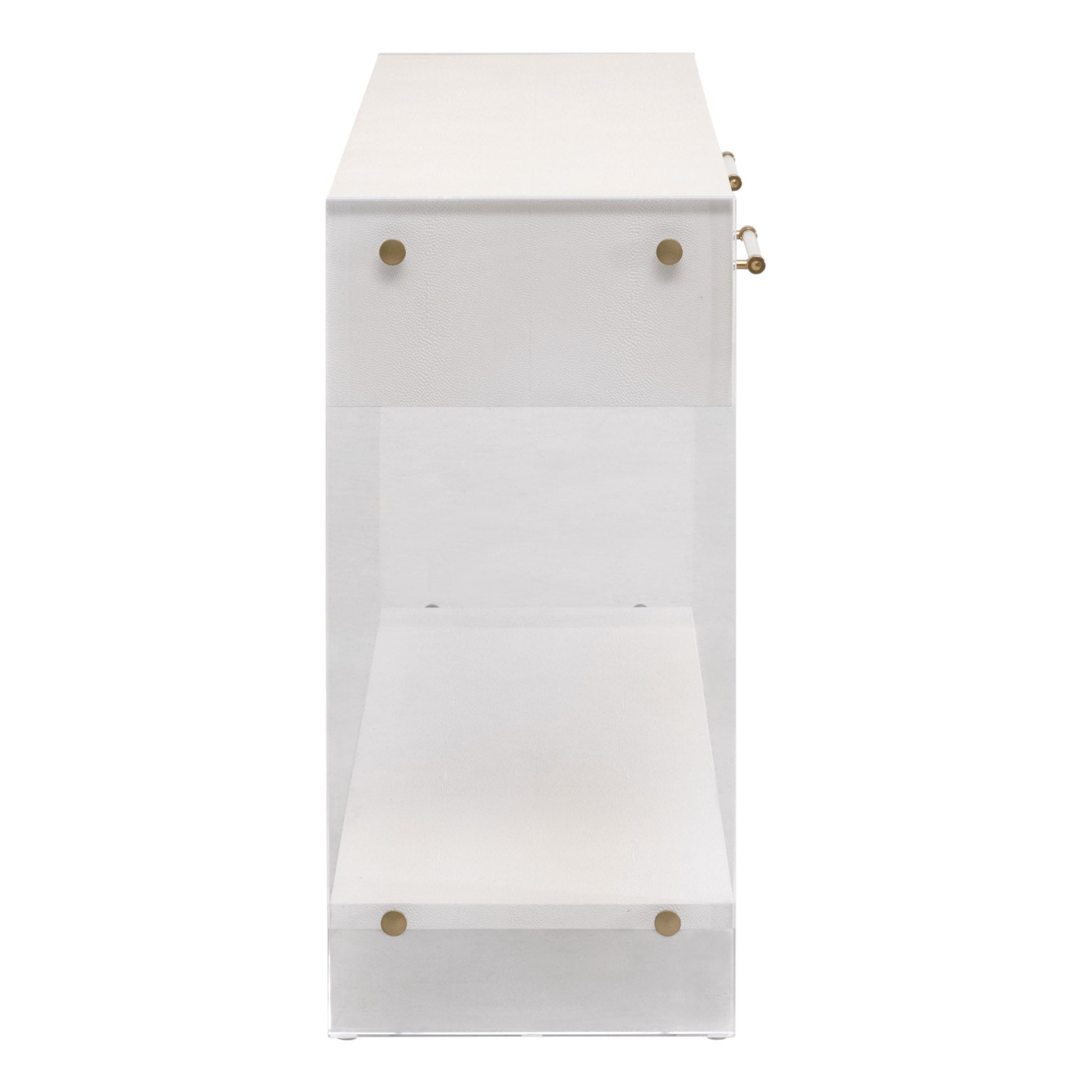 Side view of Sonia Shagreen Console Table with clear acrylic legs and brushed brass accents by Essentials For Living