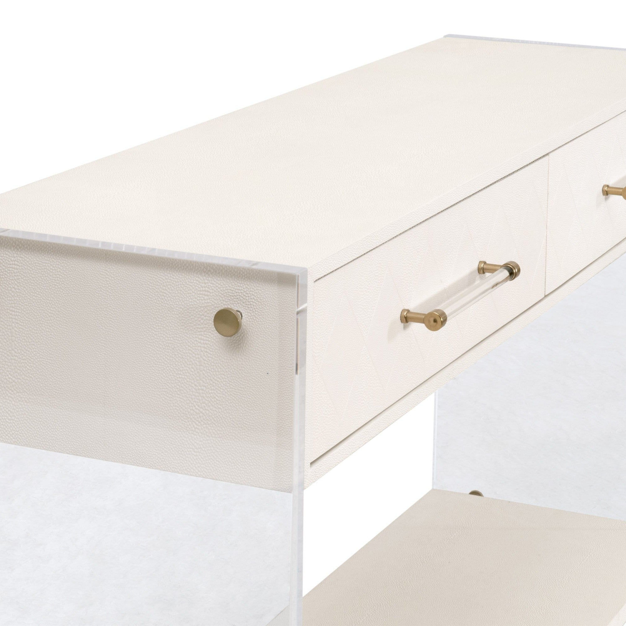 Pearl faux shagreen console table by Essentials For Living with clear acrylic sides and brass-accented drawer handles