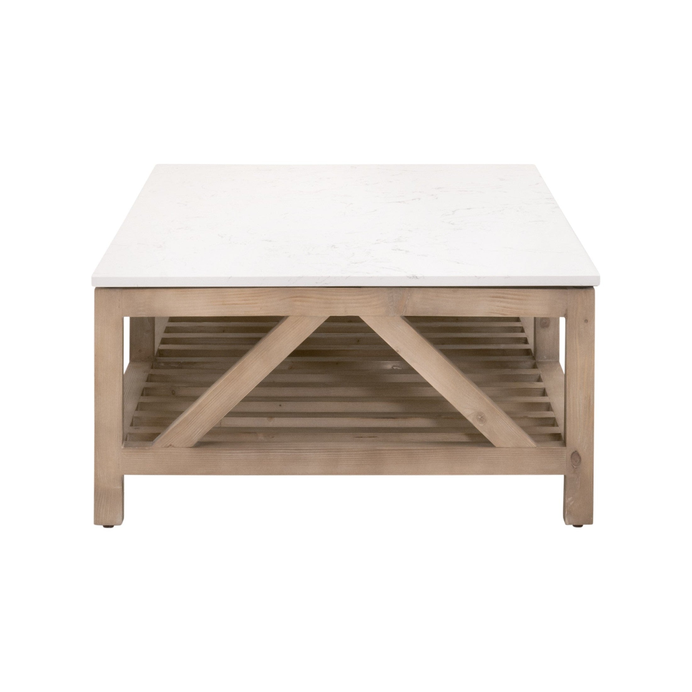 Square coffee table with white quartz top and natural wood trestle base in farmhouse style by Essentials For Living