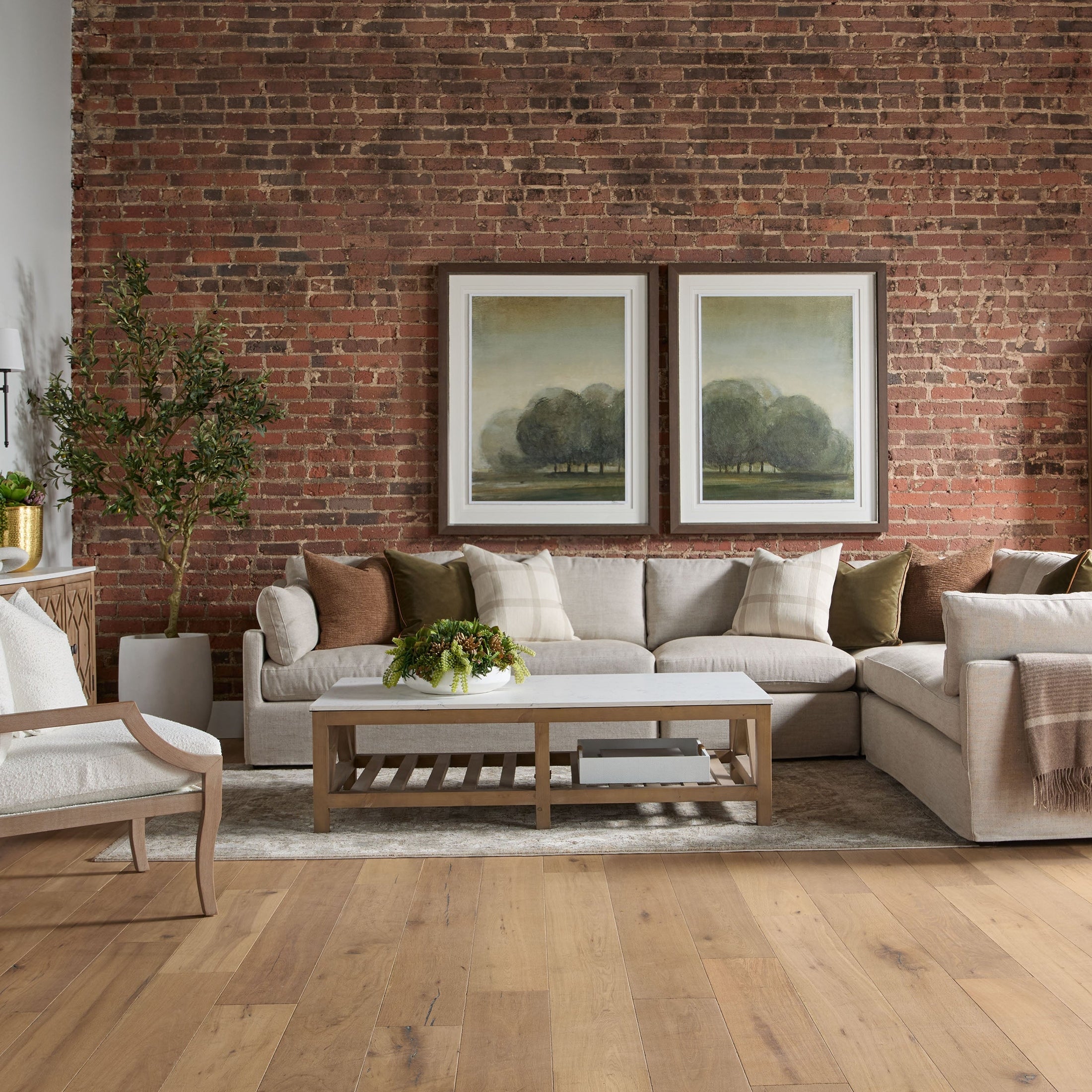 Essentials for Living Spruce Coffee Table with quartz top and smoke gray reclaimed pine base in a cozy living room setting