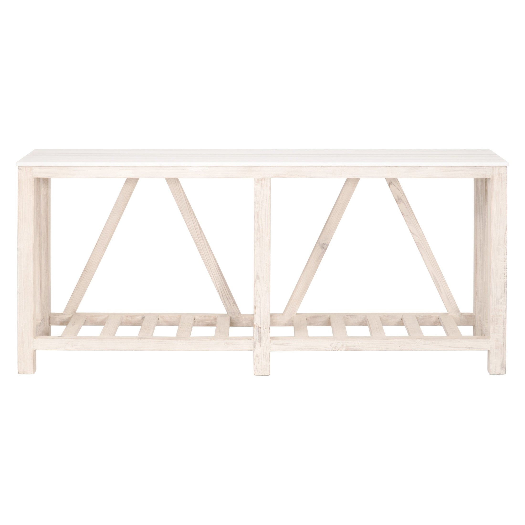Spruce Console Table by Essentials For Living with whitewash pine trestle base and quartz top in farmhouse style