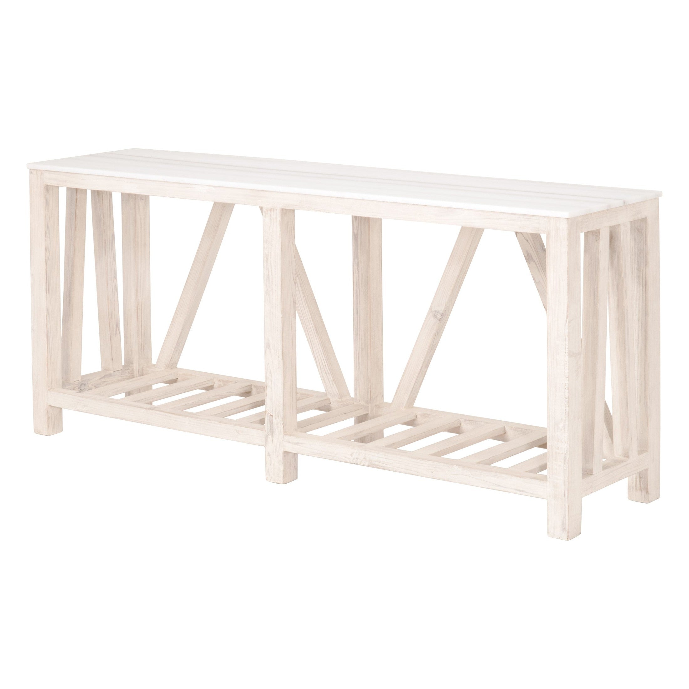 Whitewashed reclaimed pine wood console table with slatted lower shelf and trestle design frame
