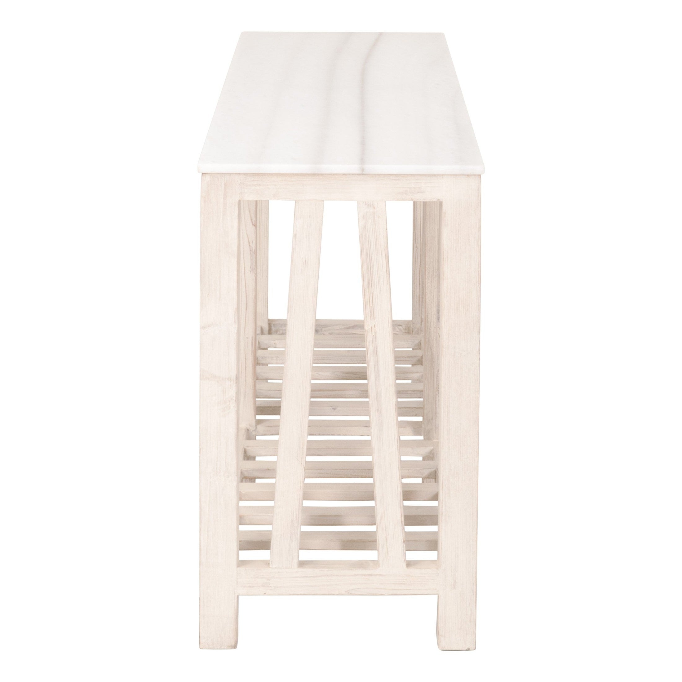 Side view of Essentials For Living Spruce Console Table with white quartz top and whitewashed pine base