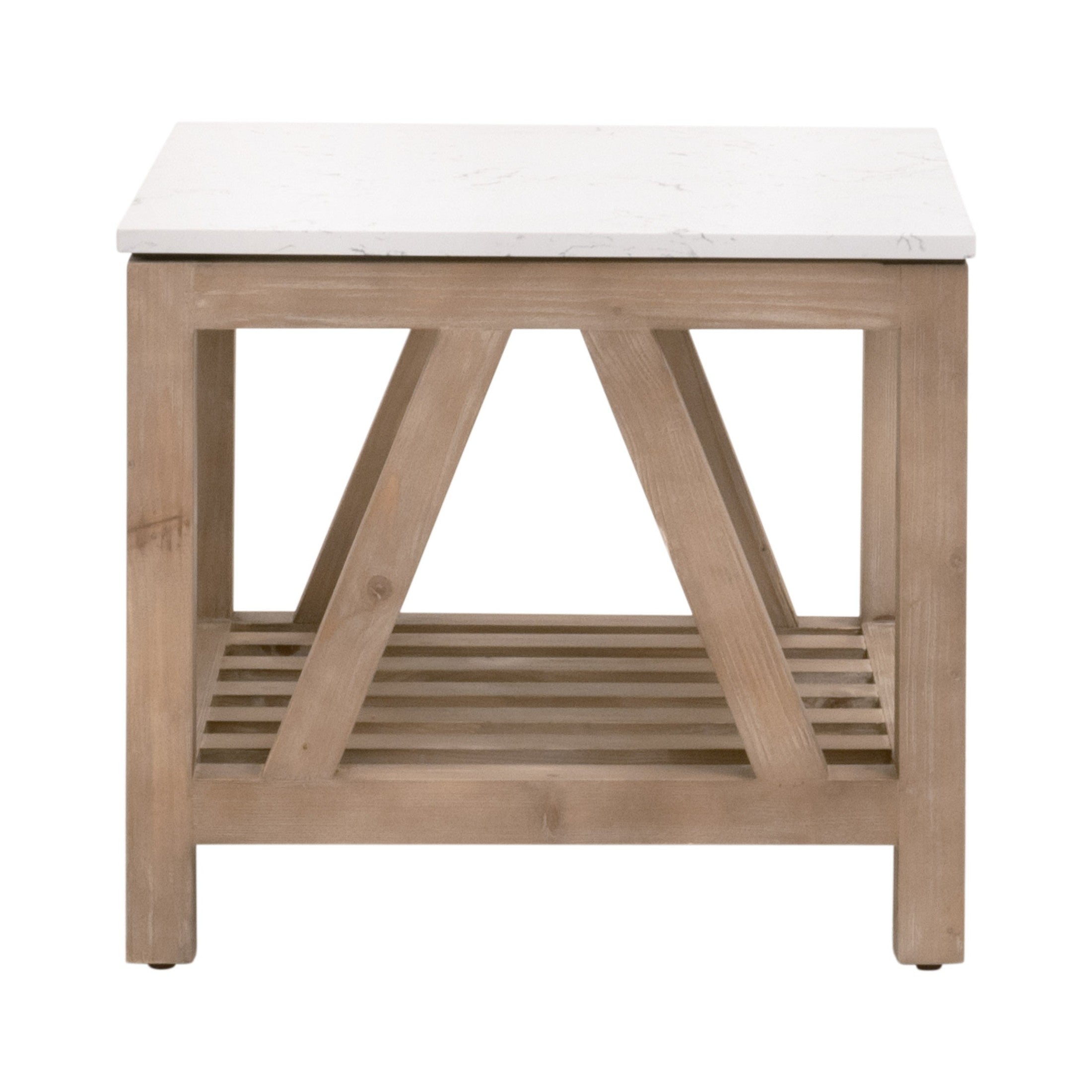 Essentials for Living Spruce End Table with white quartz marble top and reclaimed pine wood base in whitewash finish