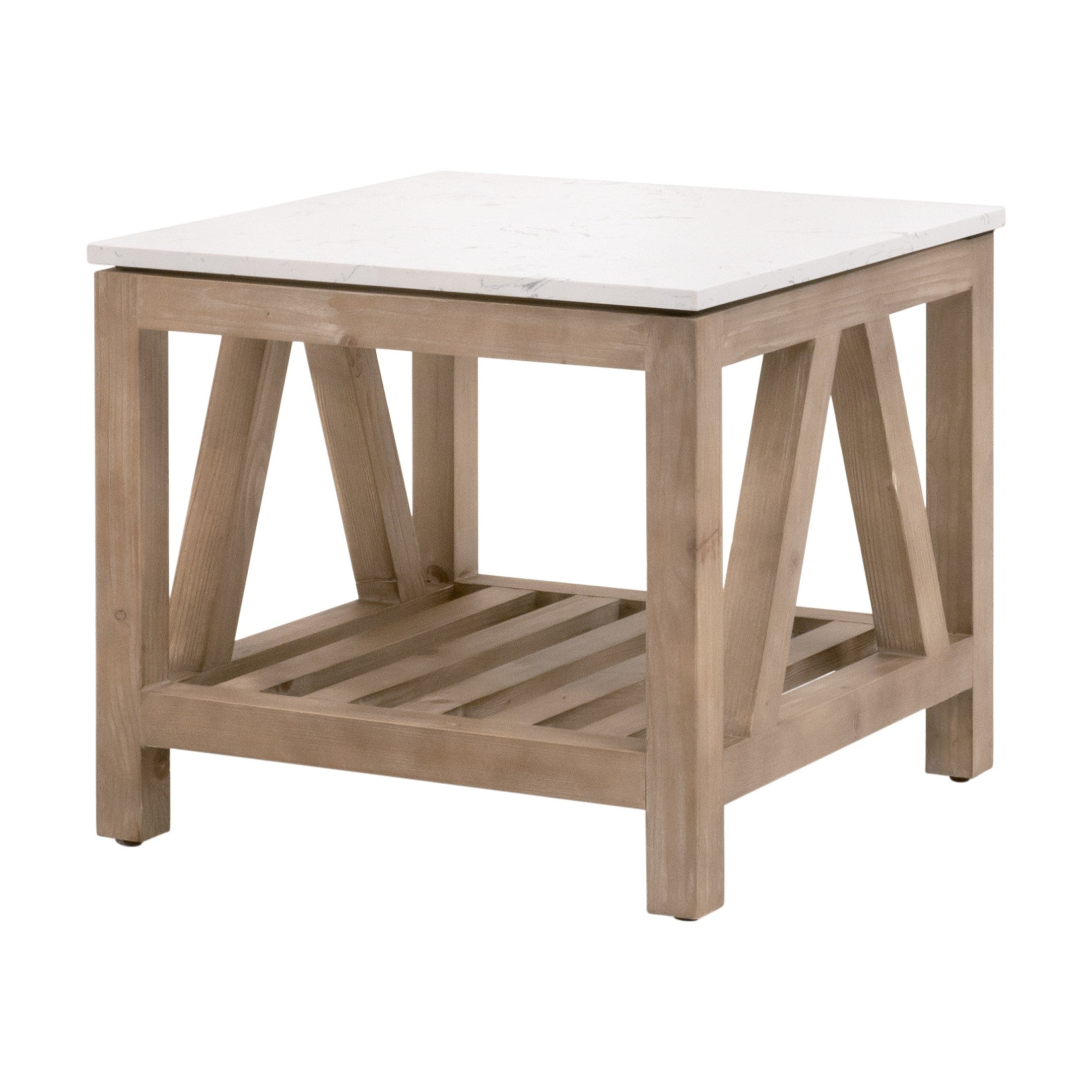 Essentials for Living Spruce End Table with white quartz top and reclaimed pine wood trestle base in whitewash finish