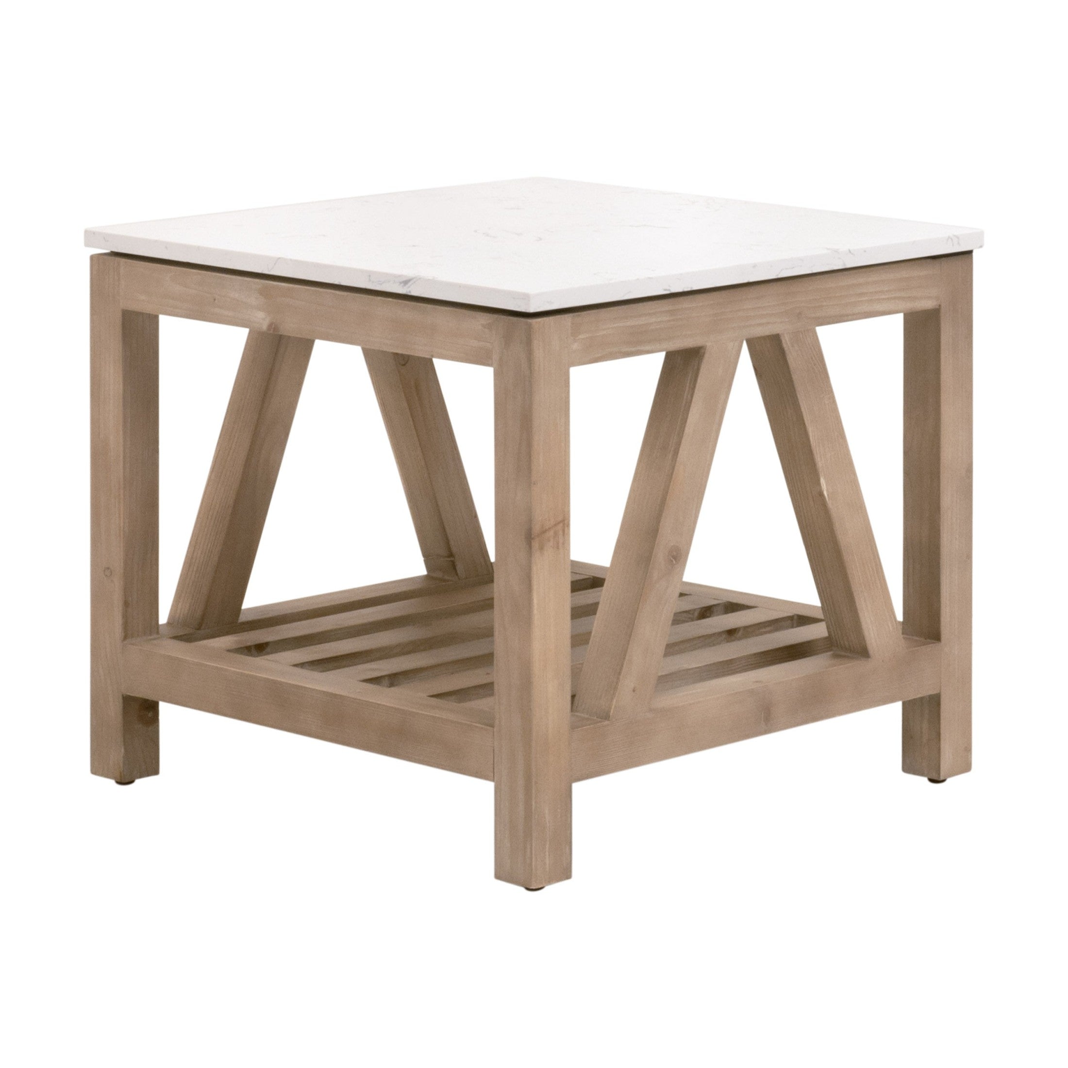 Essentials for Living Spruce End Table with white quartz top and reclaimed pine wood base in whitewash finish