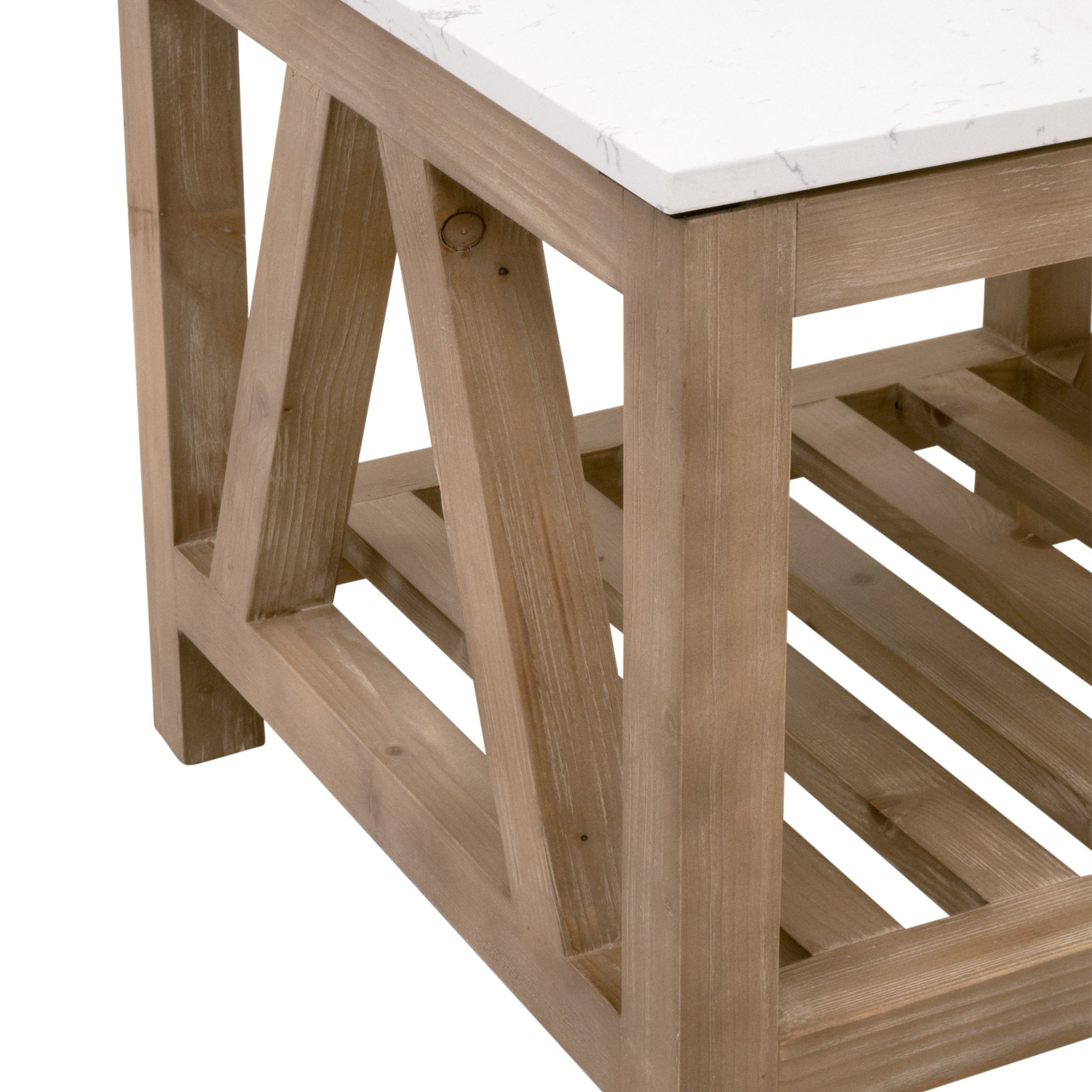 Close-up of Spruce End Table with marble-look quartz top and reclaimed pine wood trestle base by Essentials for Living