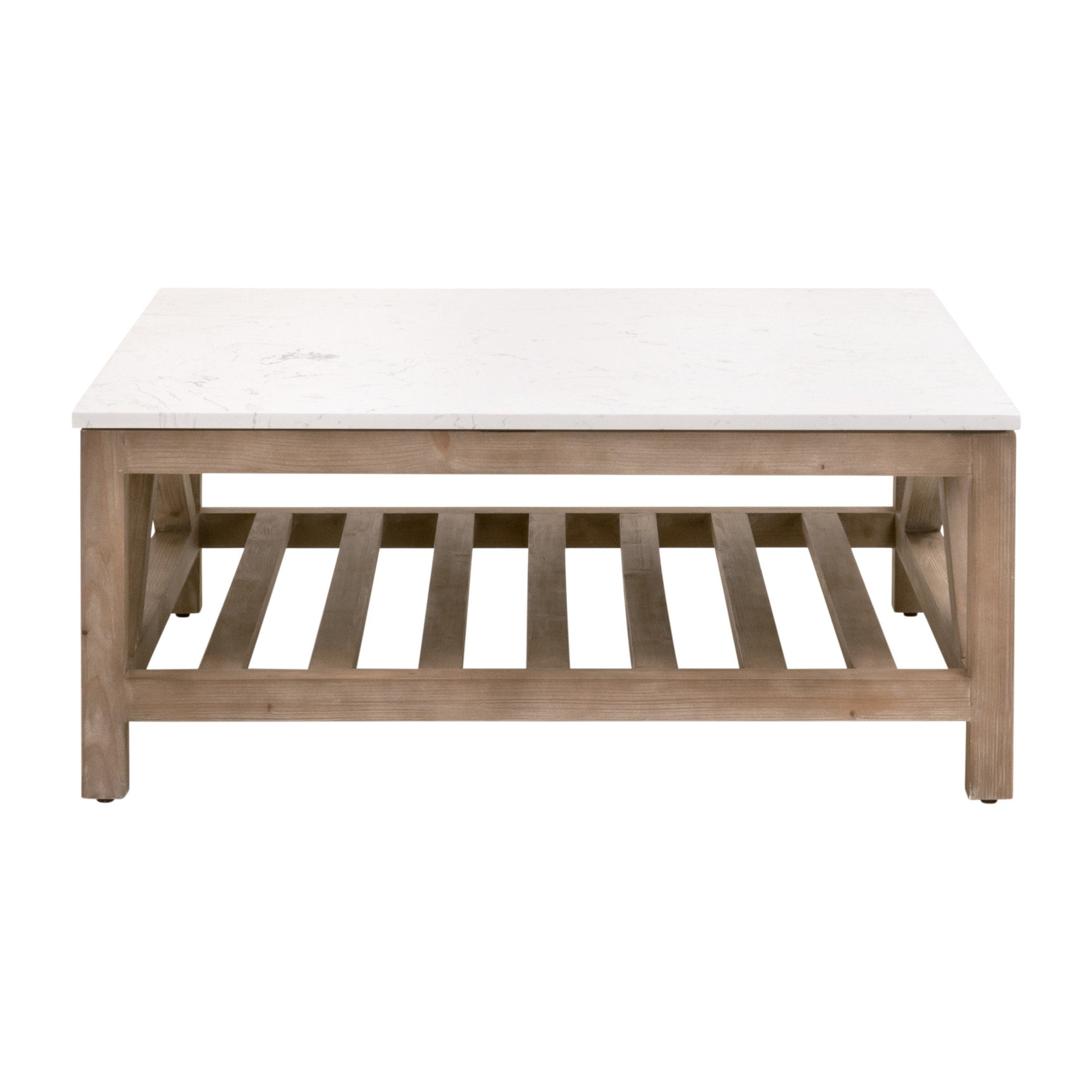 Spruce Square Coffee Table with white quartz top and reclaimed pine trestle base by Essentials For Living