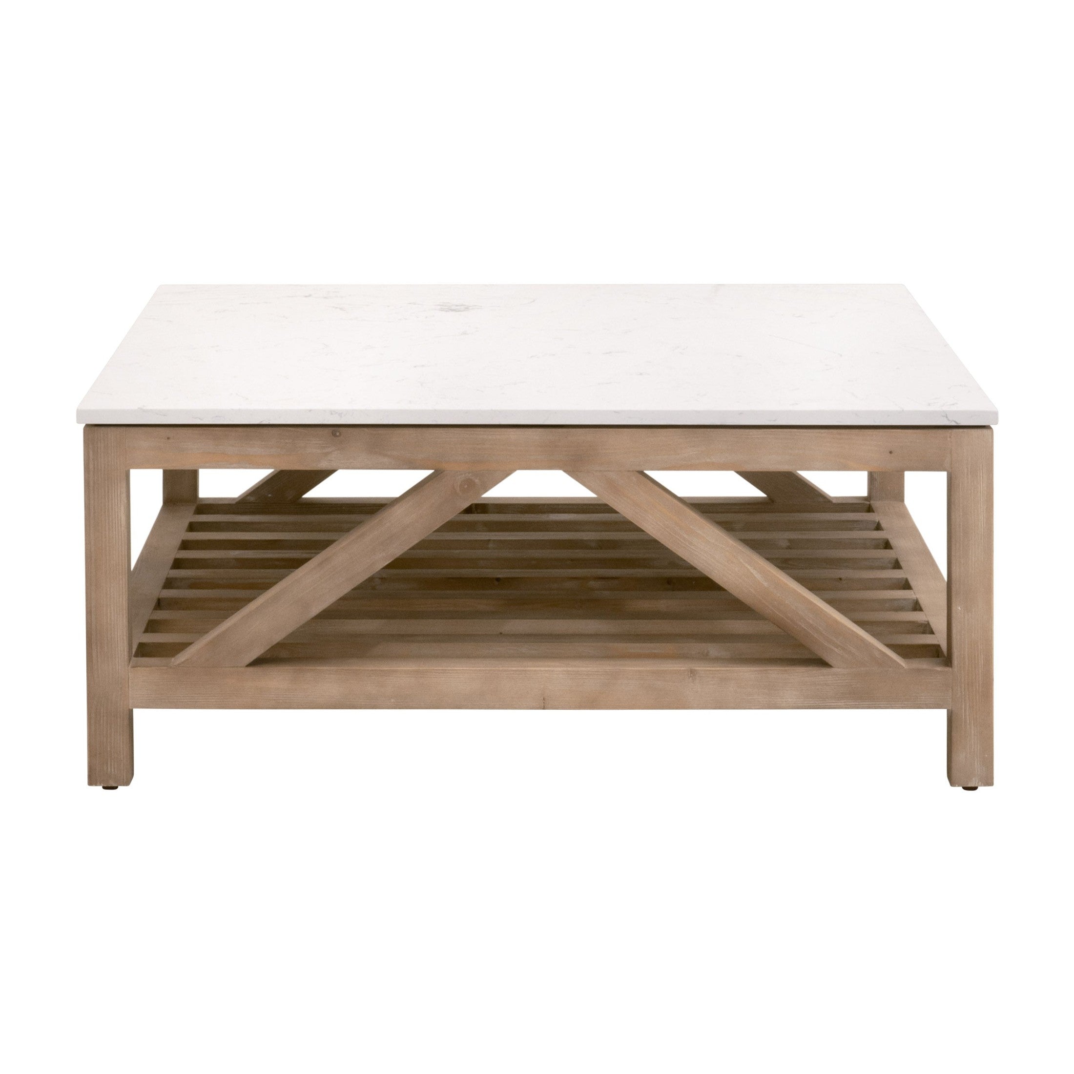 Essentials For Living Spruce Square Coffee Table with white quartz top and reclaimed pine wood trestle base in smoke gray finish