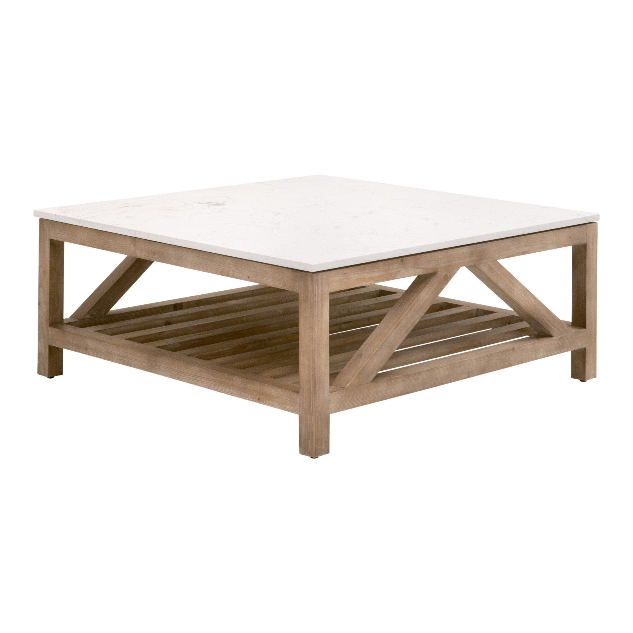 Square coffee table with white quartz top and reclaimed pine wood base by Essentials for Living