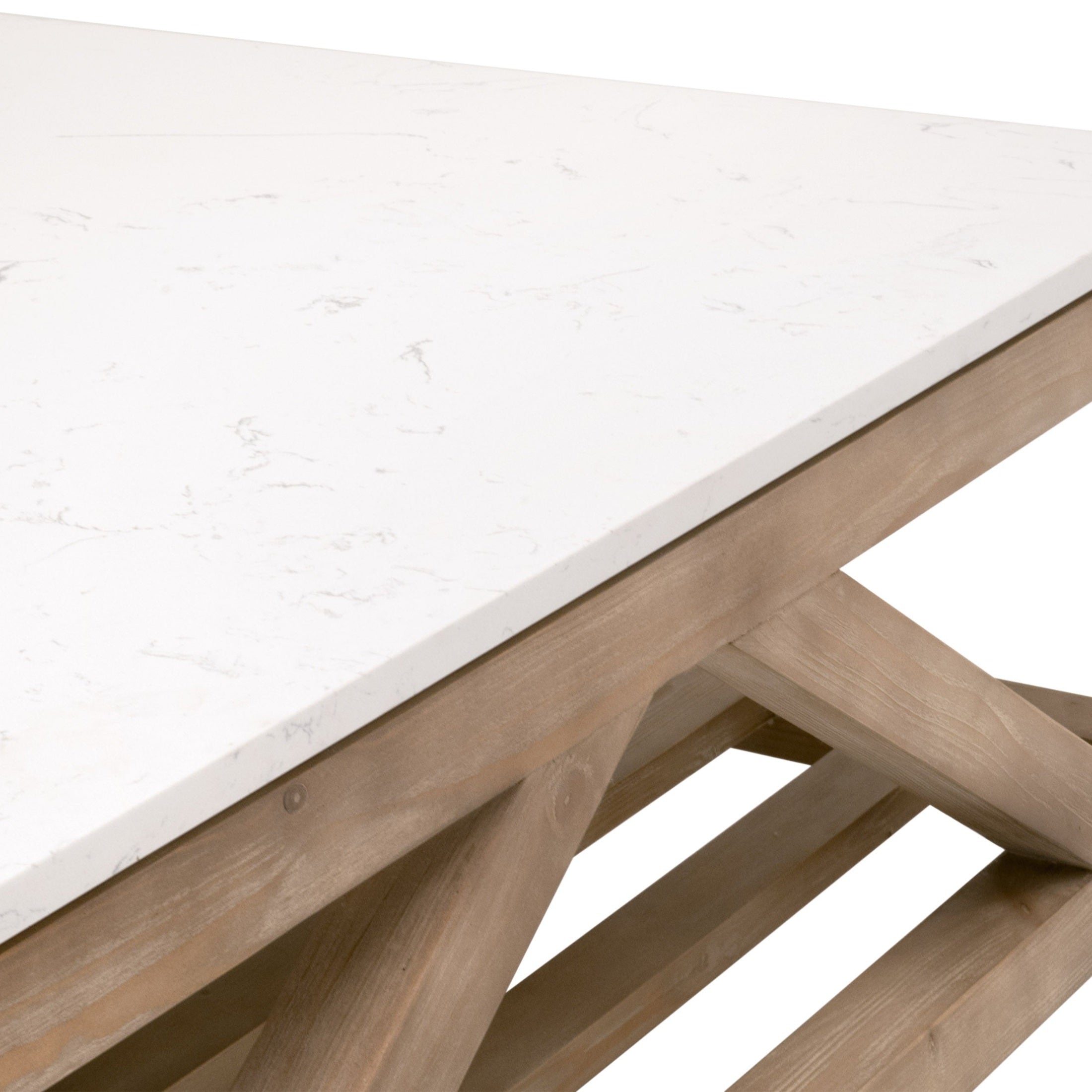 Close-up of Essentials for Living Spruce Square Coffee Table with white quartz top and reclaimed pine wood base