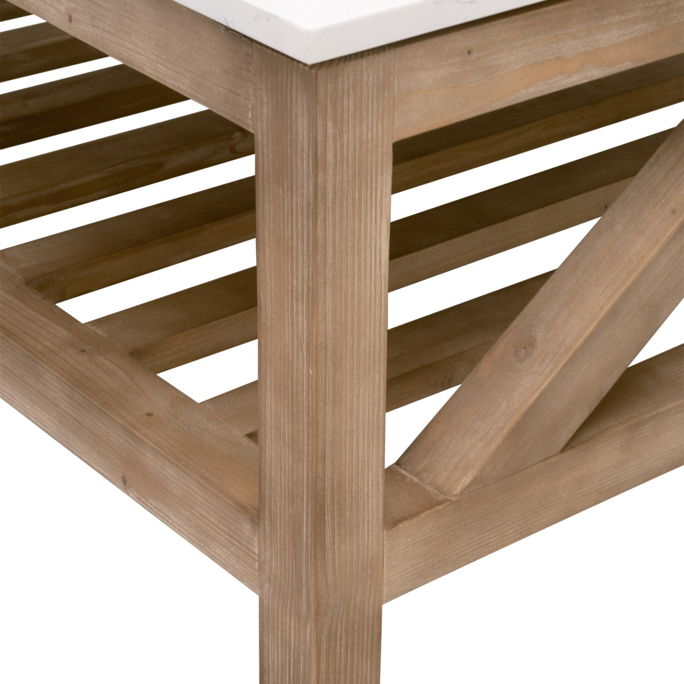 Close-up of Essentials For Living Spruce Square Coffee Table showing reclaimed pine wood trestle base and quartz top edge