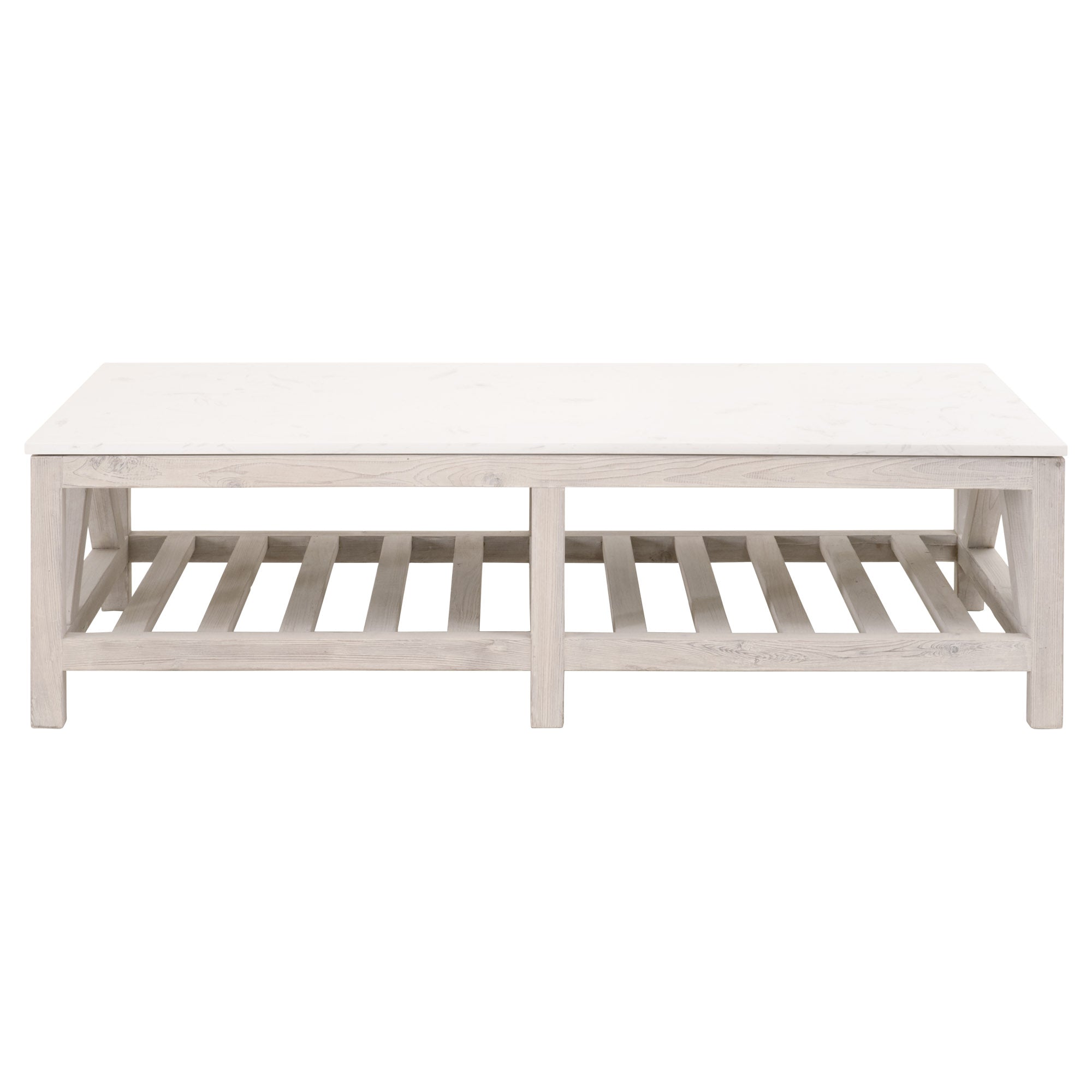 Essentials for Living Spruce Coffee Table with white quartz top and light wood slatted base in farmhouse style