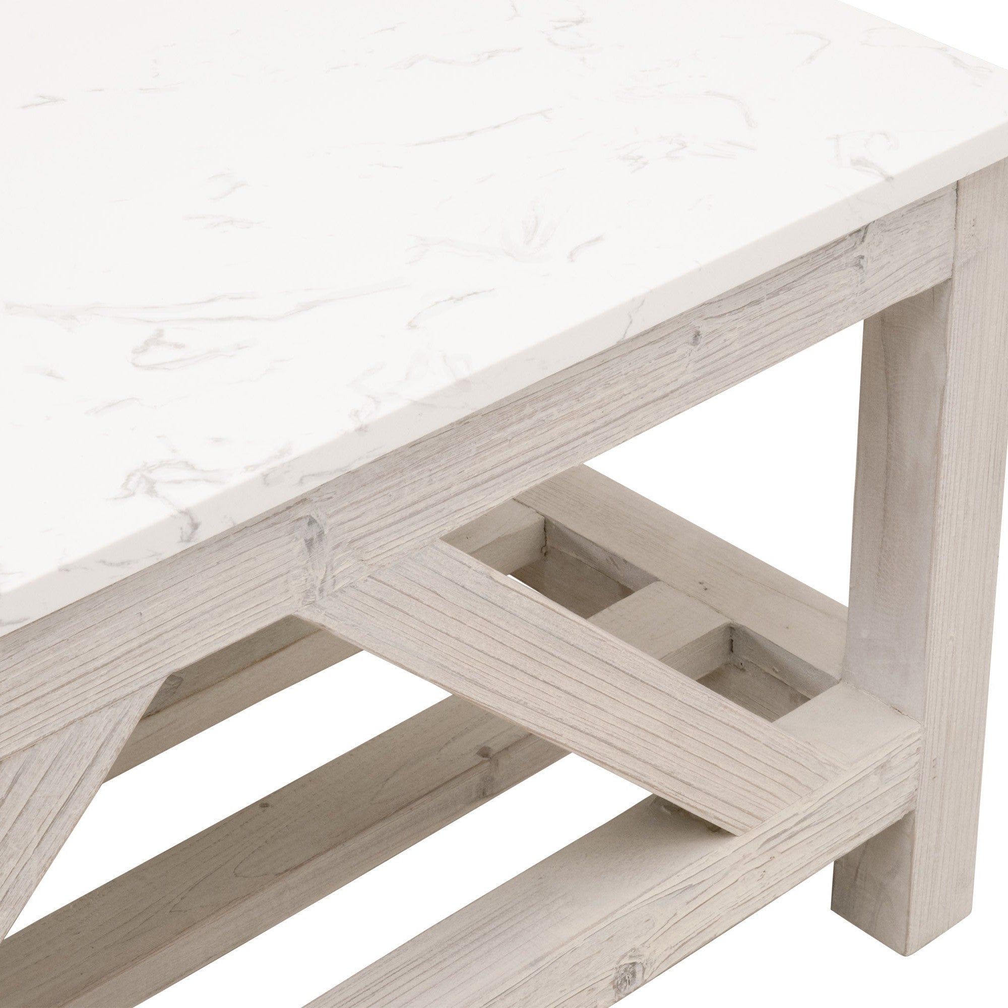 Close-up of Spruce Coffee Table featuring white quartz top and smoke gray reclaimed pine wood base