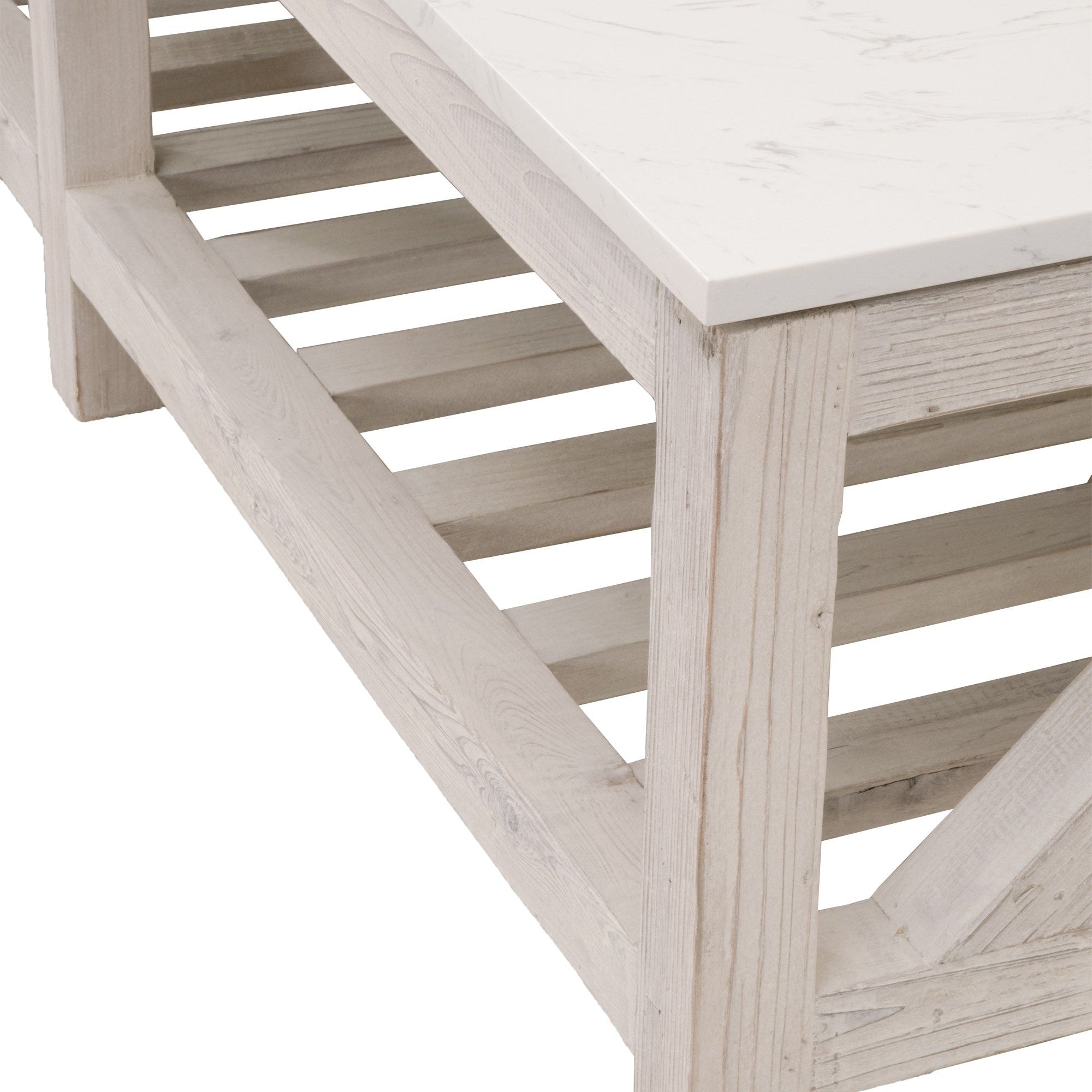 Close-up of Essentials for Living Spruce Coffee Table featuring white quartz top and reclaimed wood base in smoke gray finish