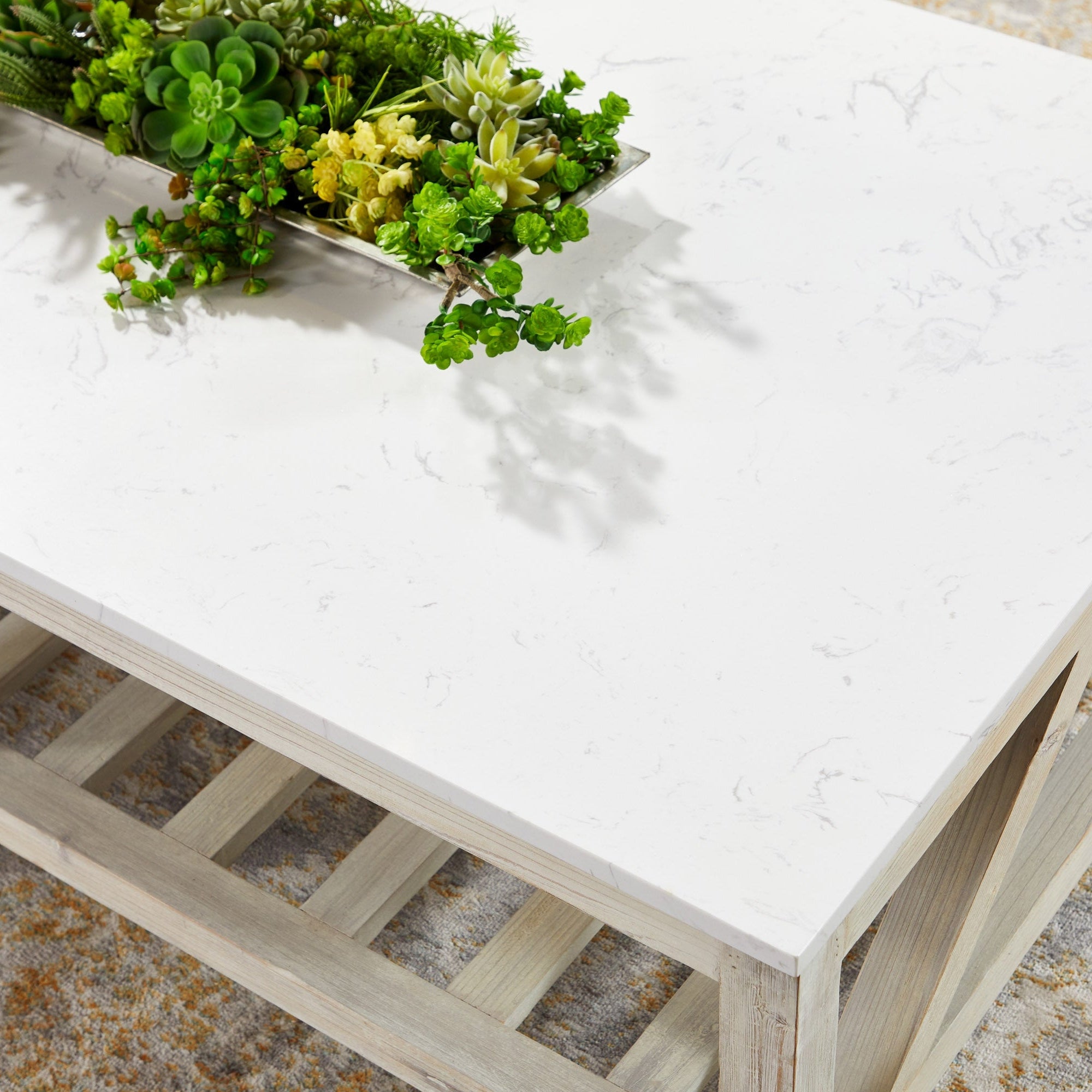 Essentials for Living Spruce Coffee Table with white and gray quartz marble top and smoke gray reclaimed pine base