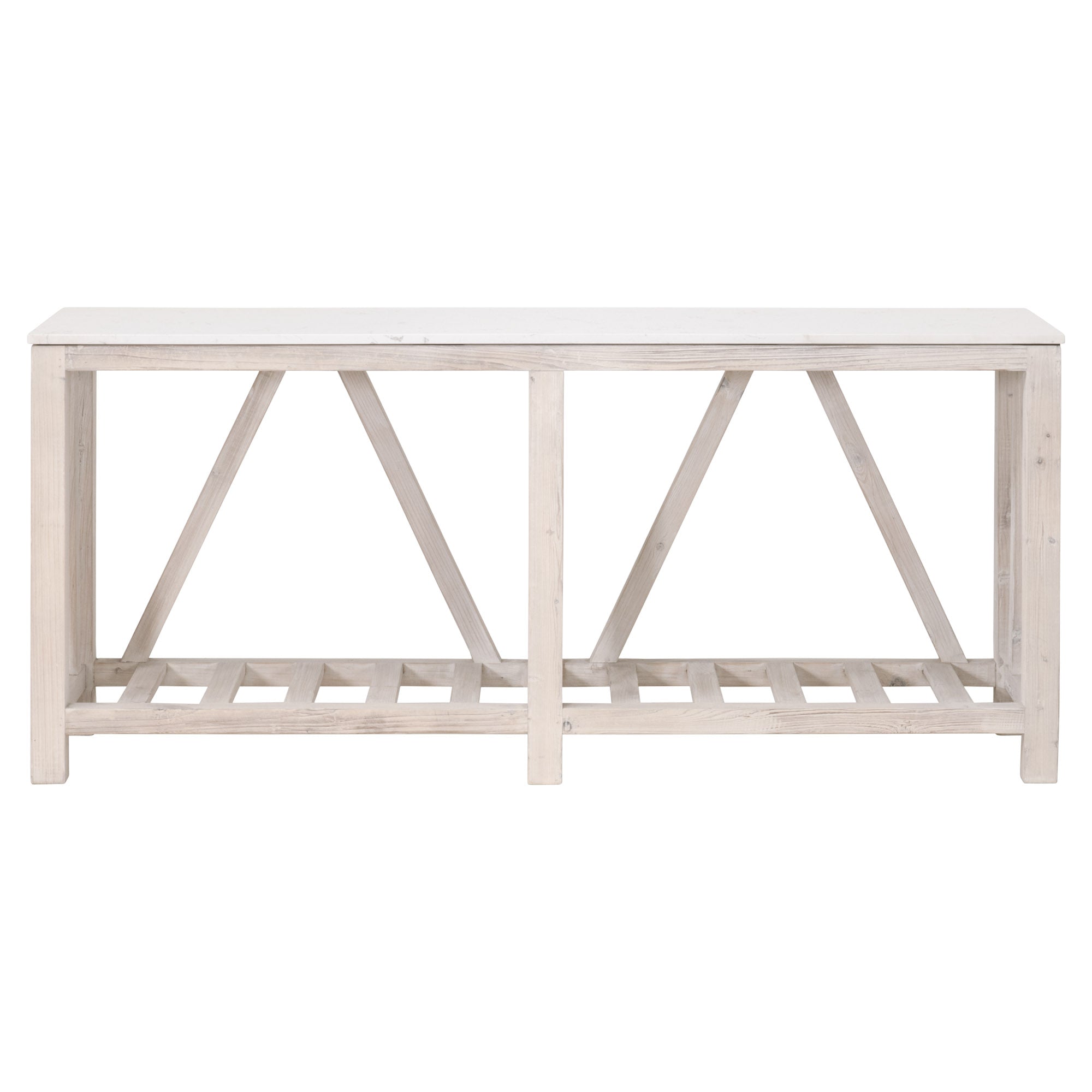 Essentials for Living Spruce Coffee Table with light wood trestle base and white quartz top in farmhouse style