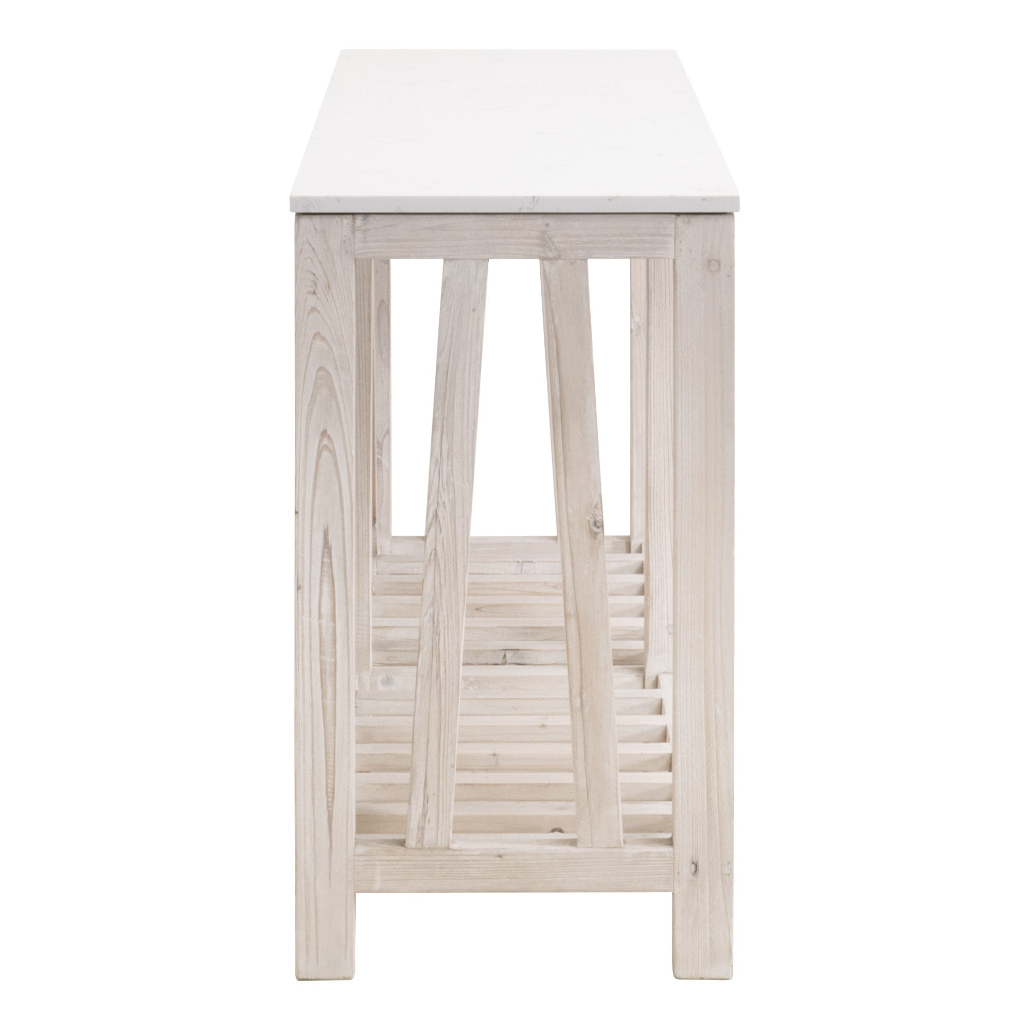 Side view of Spruce Coffee Table showing white quartz top and light reclaimed pine wood base by Essentials For Living
