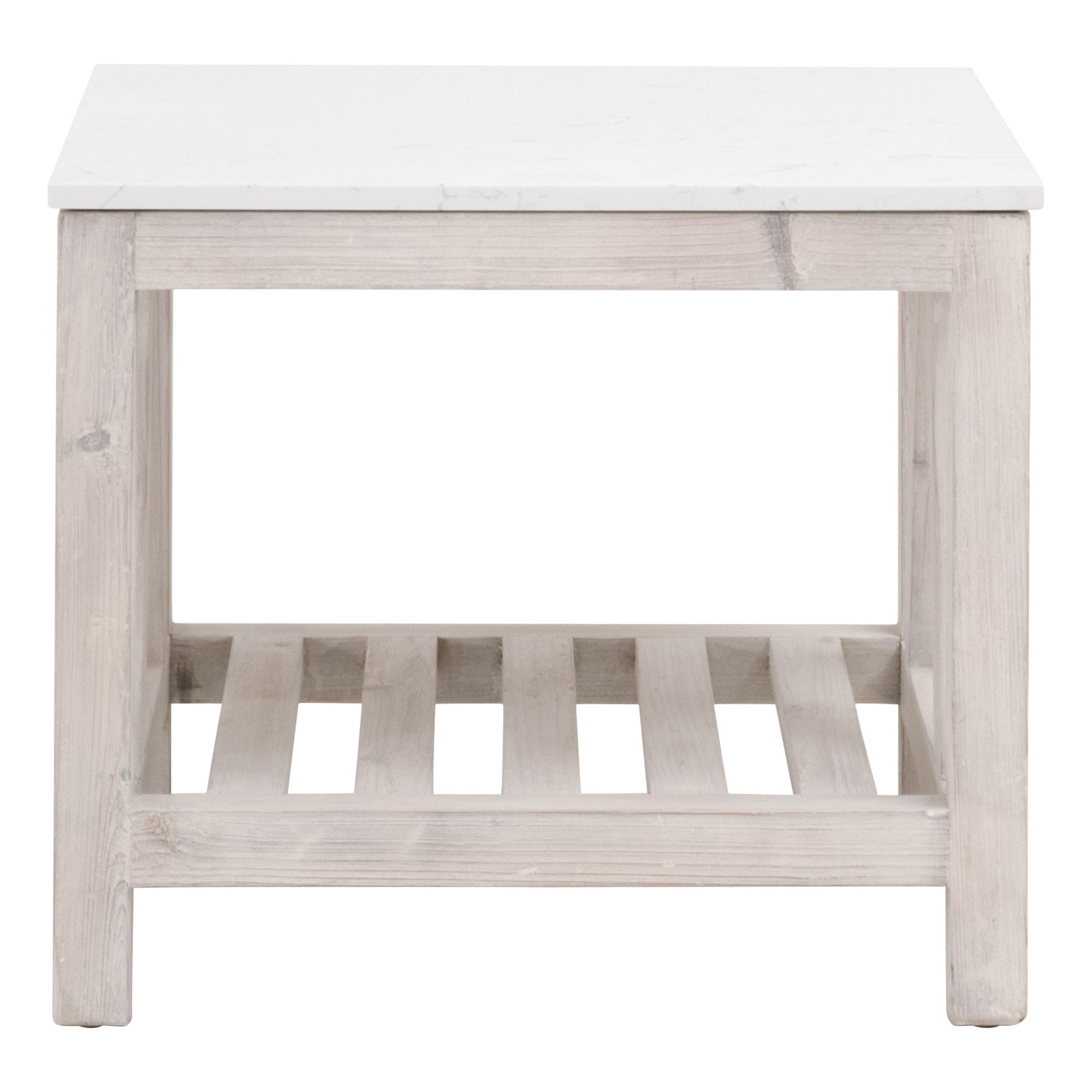 Essentials for Living Spruce End Table with white quartz top and whitewashed reclaimed pine wood base in farmhouse style