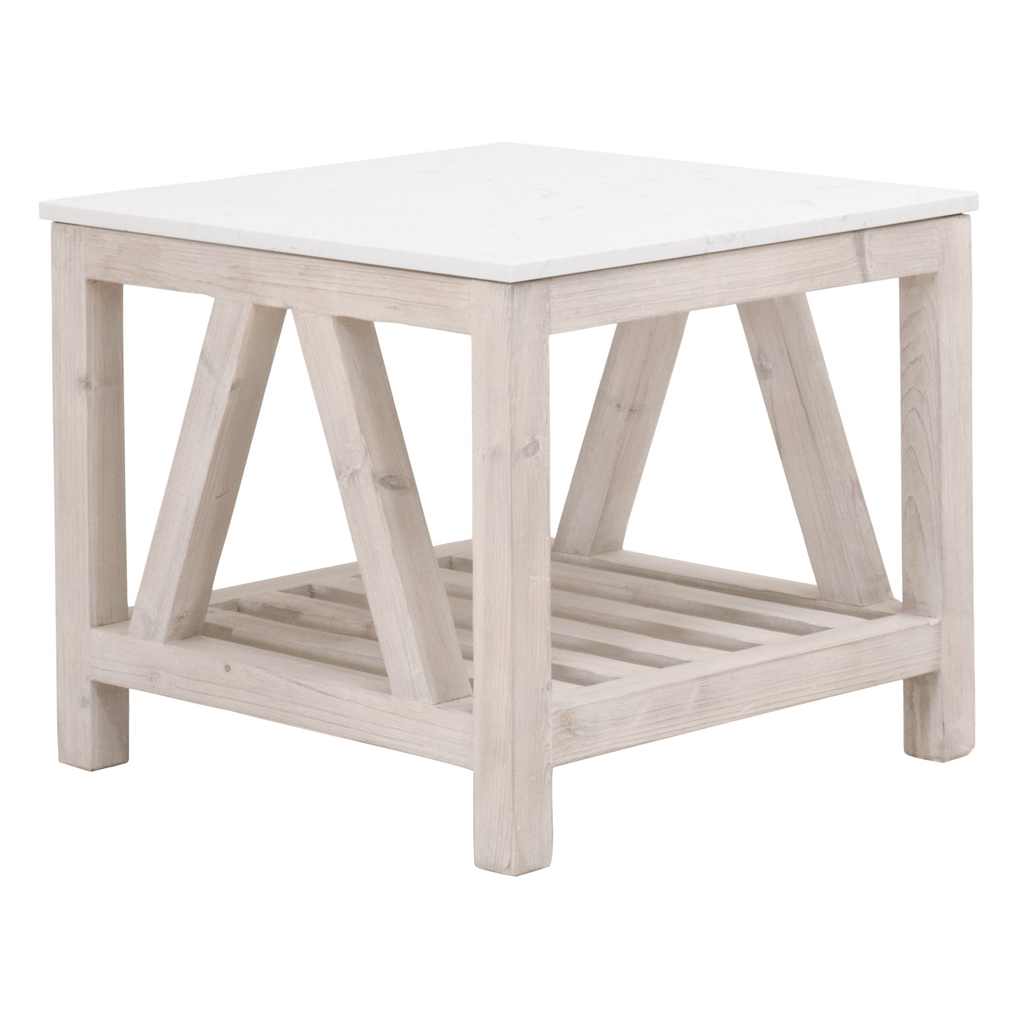 Essentials for Living Spruce End Table with white quartz top and whitewashed reclaimed pine trestle base in farmhouse style
