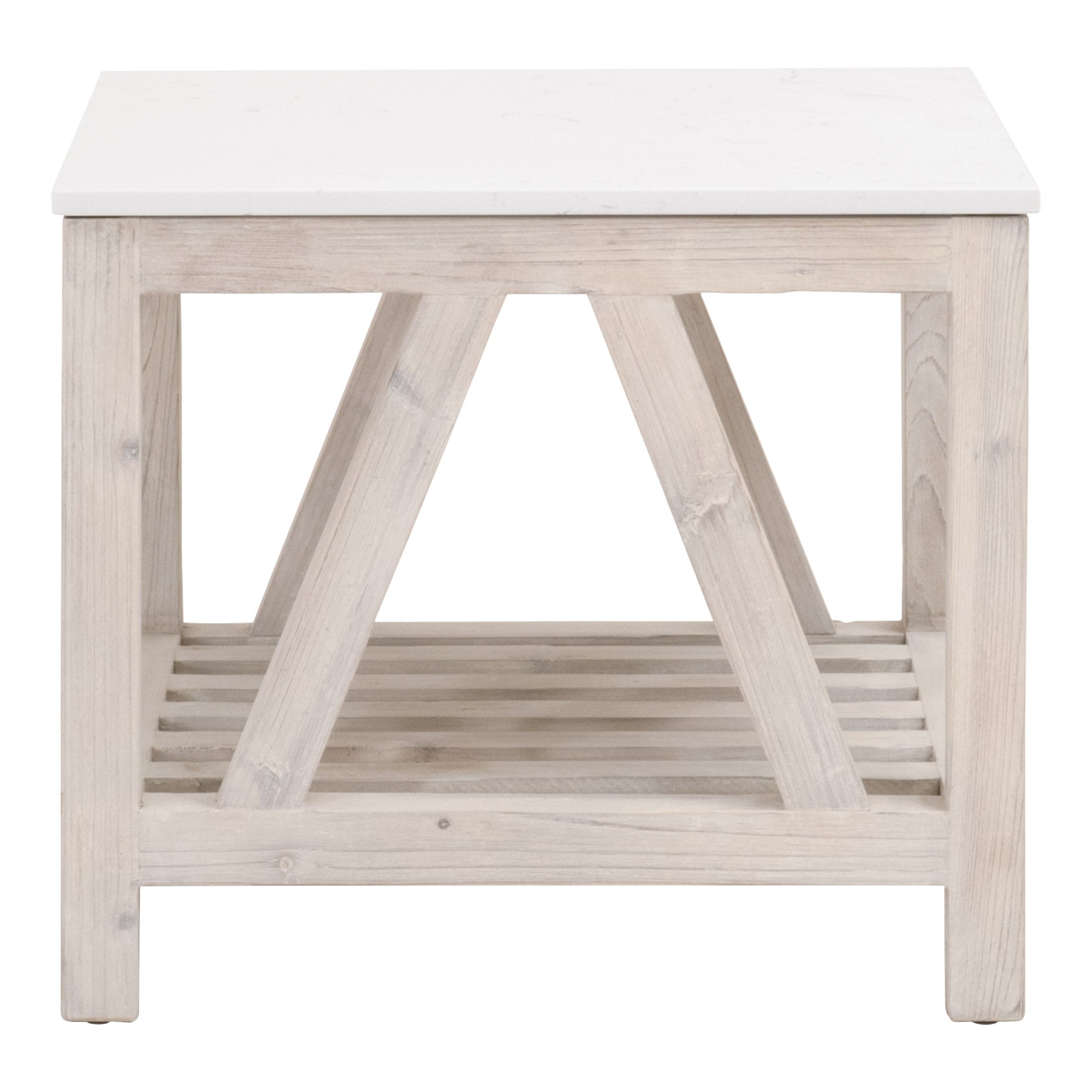 Essentials for Living Spruce End Table with quartz marble top and reclaimed pine wood base in whitewash finish