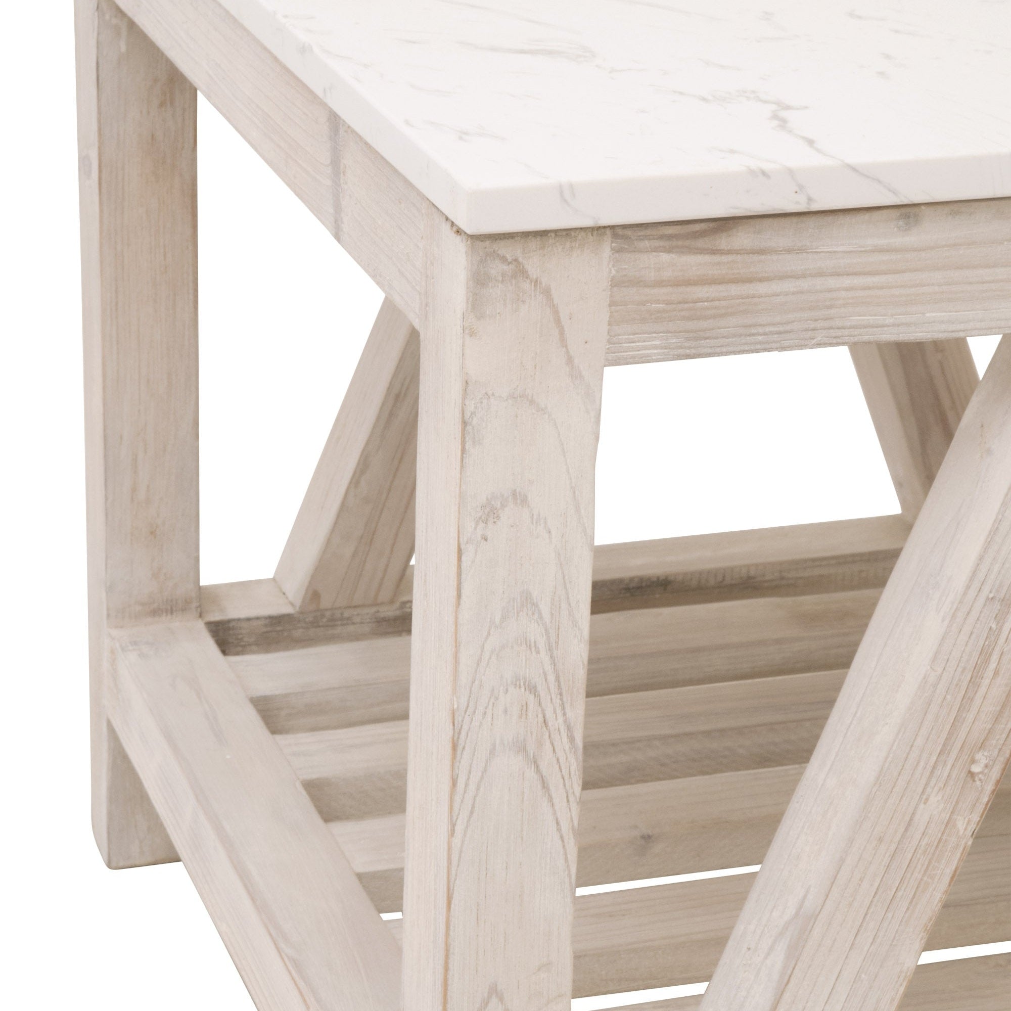 Close-up of Essentials for Living Spruce End Table showing whitewashed reclaimed pine wood base and quartz marble-style top