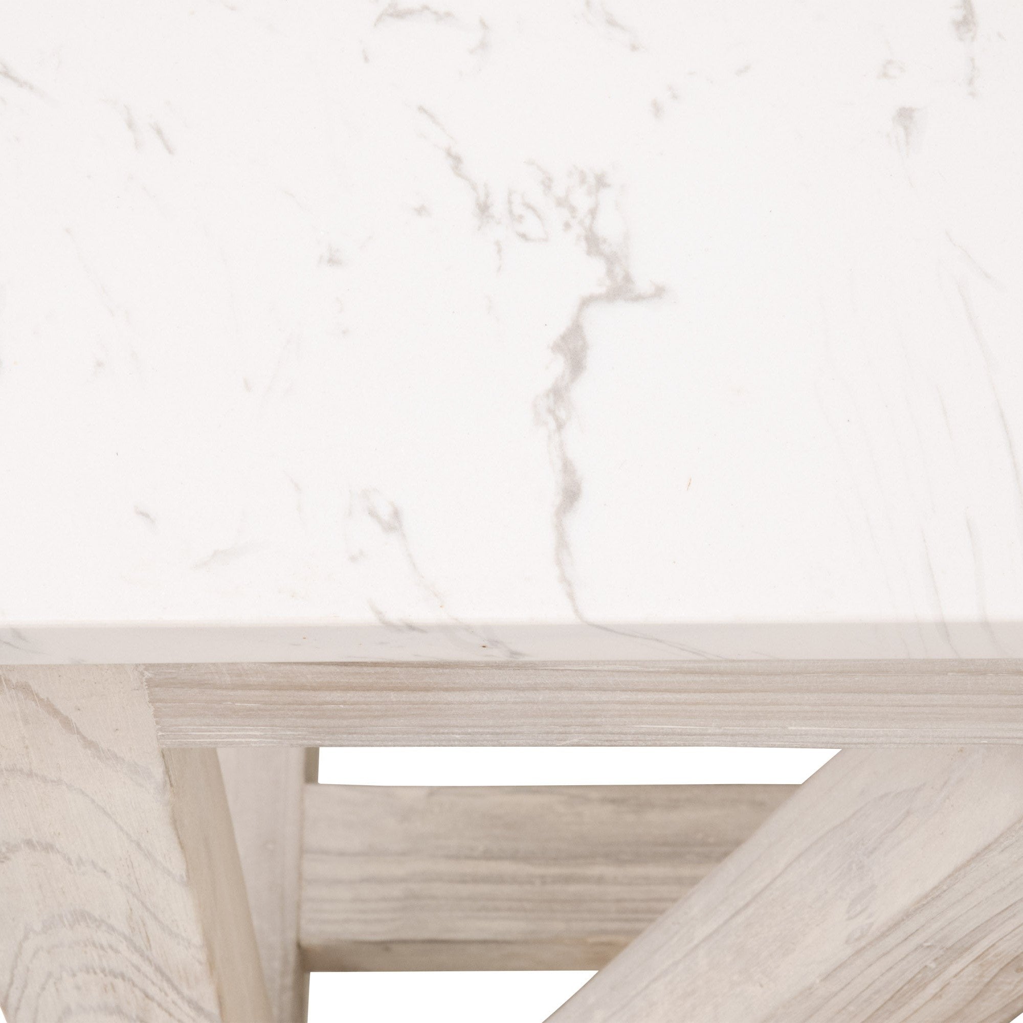 Close-up of Spruce End Table showing quartz top with marble veining and reclaimed pine wood whitewashed base by Essentials for Living