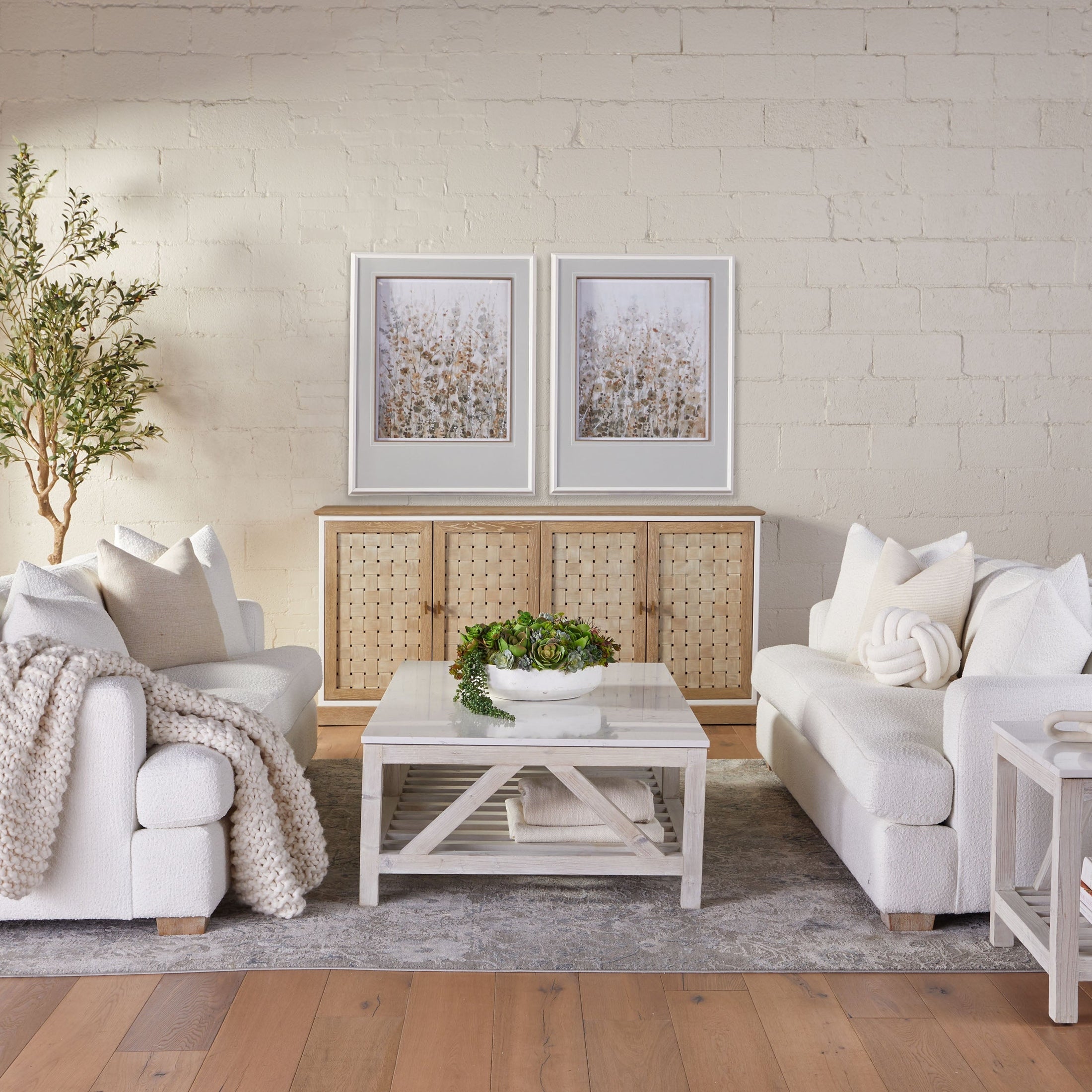 Essentials for Living Spruce End Table with white and gray quartz top and whitewashed reclaimed pine wood base in a modern farmhouse living room