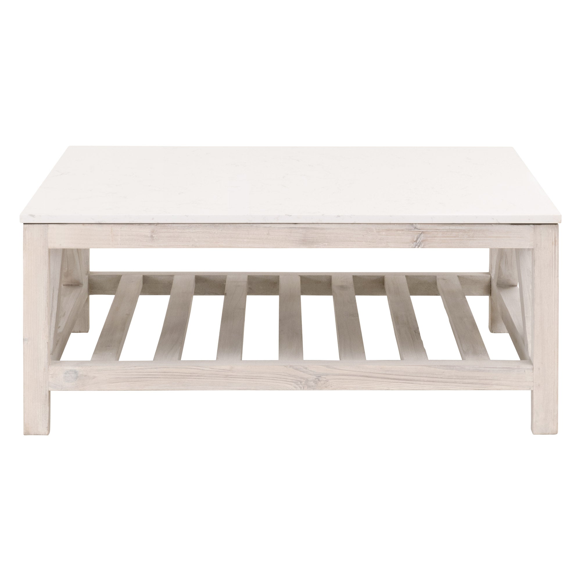 Essentials for Living Spruce Square Coffee Table with white quartz top and reclaimed pine wood base in smoke gray finish
