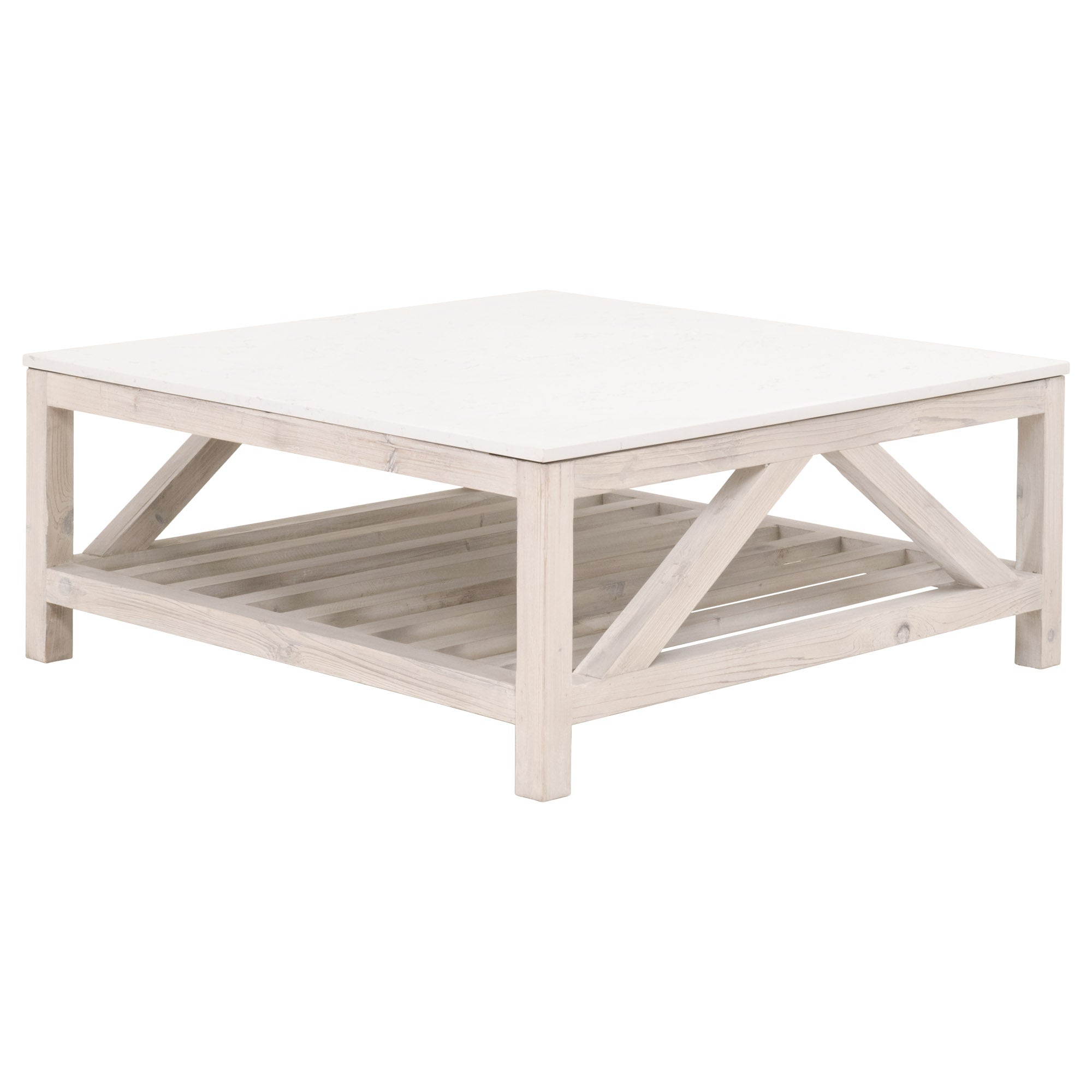 Essentials for Living Spruce Square Coffee Table with white quartz top and light wood trestle base for modern farmhouse style