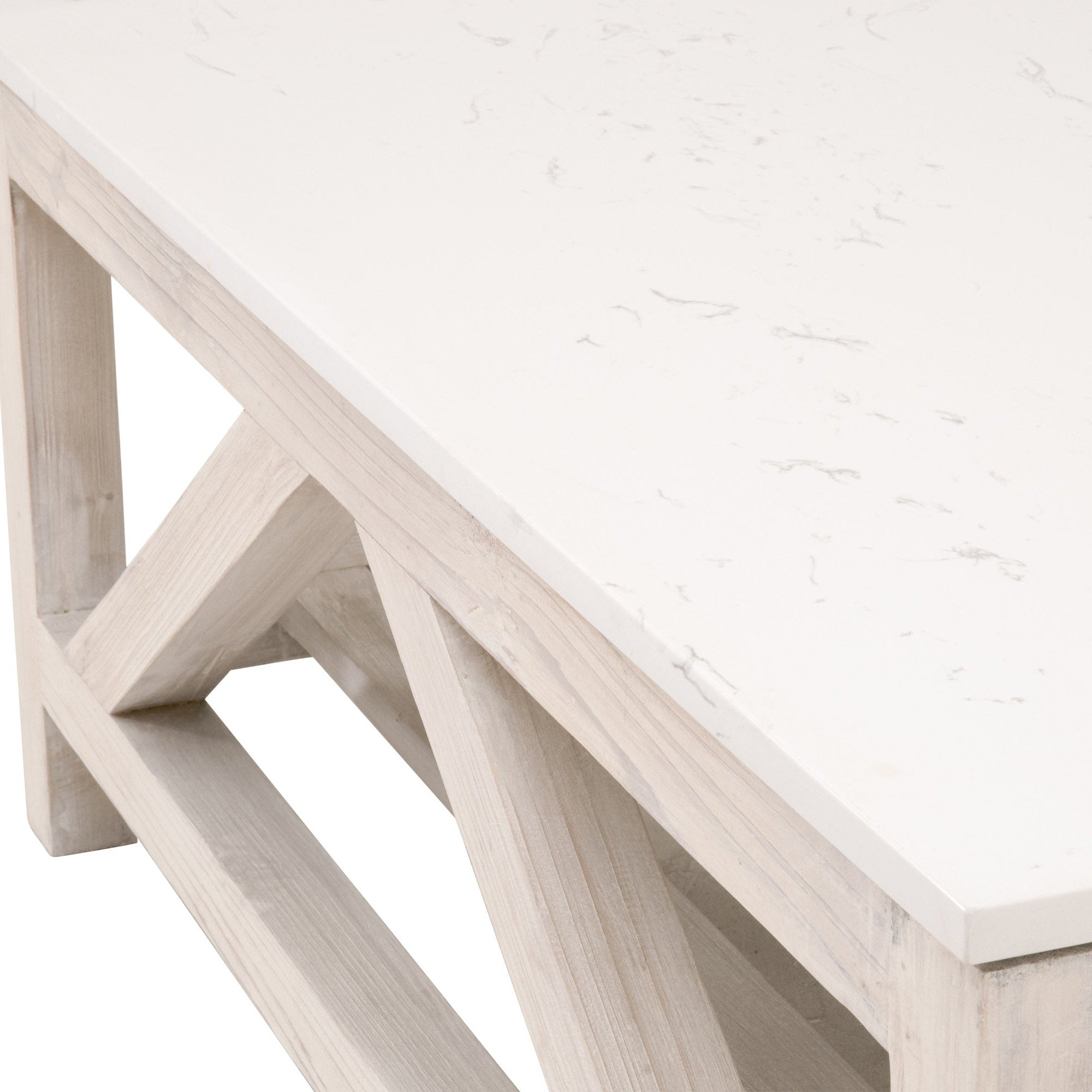 Close-up of Spruce Square Coffee Table showing white quartz top and reclaimed pine wood trestle base with gray finish