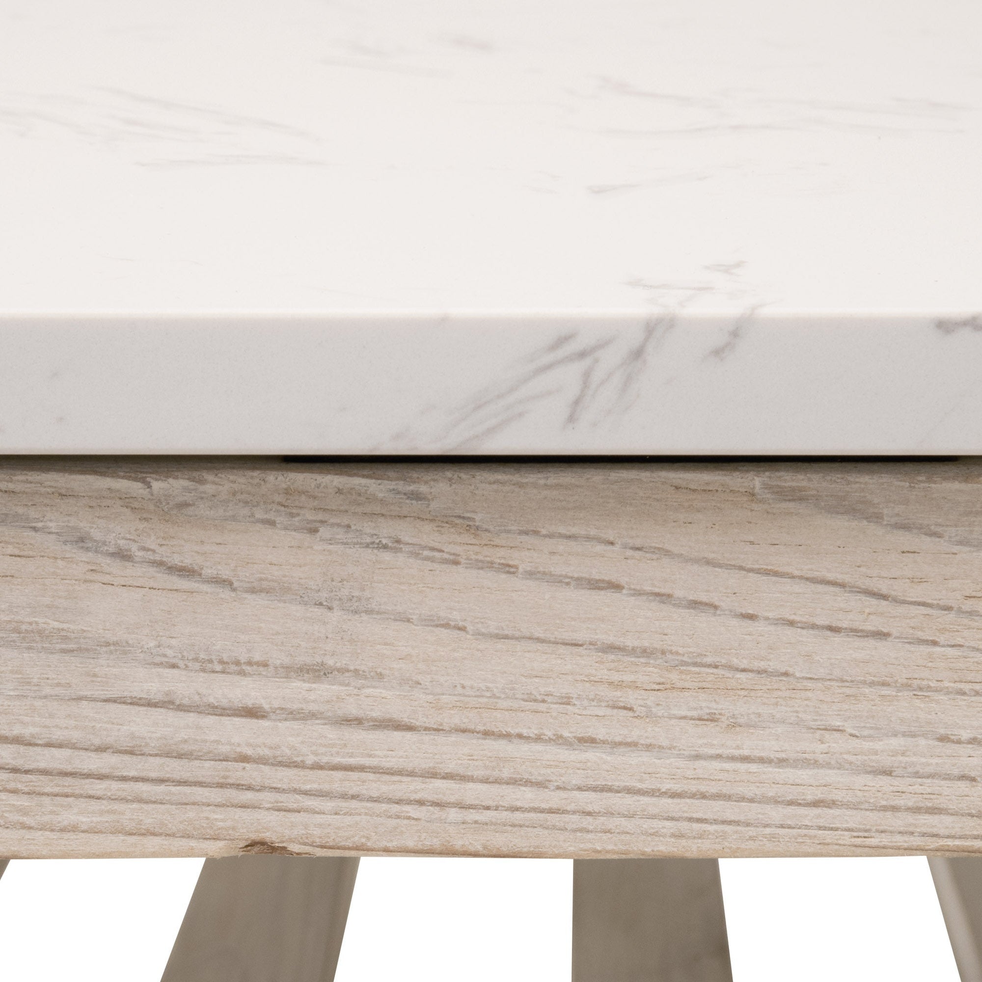 Close-up of Spruce Square Coffee Table showing white quartz top with marble veining and reclaimed pine wood base in smoke gray finish