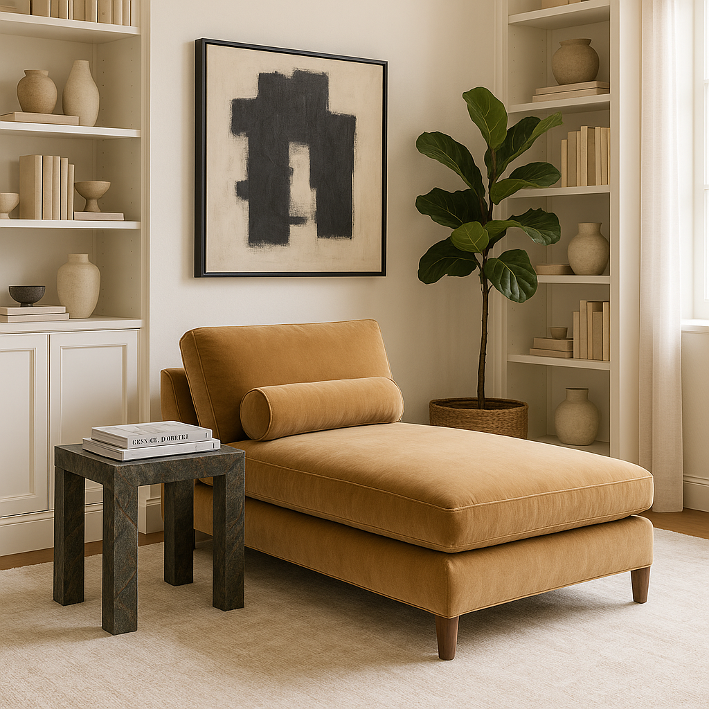 Slim rectangular green rainforest marble St Barths Side Table next to tan chaise lounge in living room GO HOME