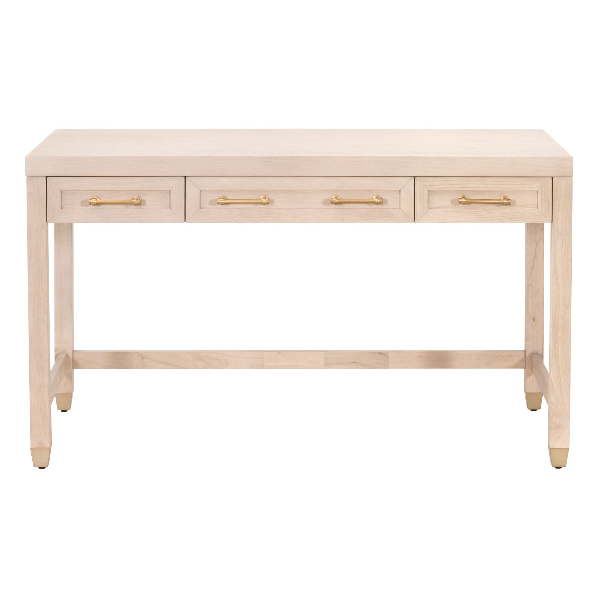 Essentials for Living Stella Desk with three drawers, brushed brass handles, solid wood, light finish, refined transitional style